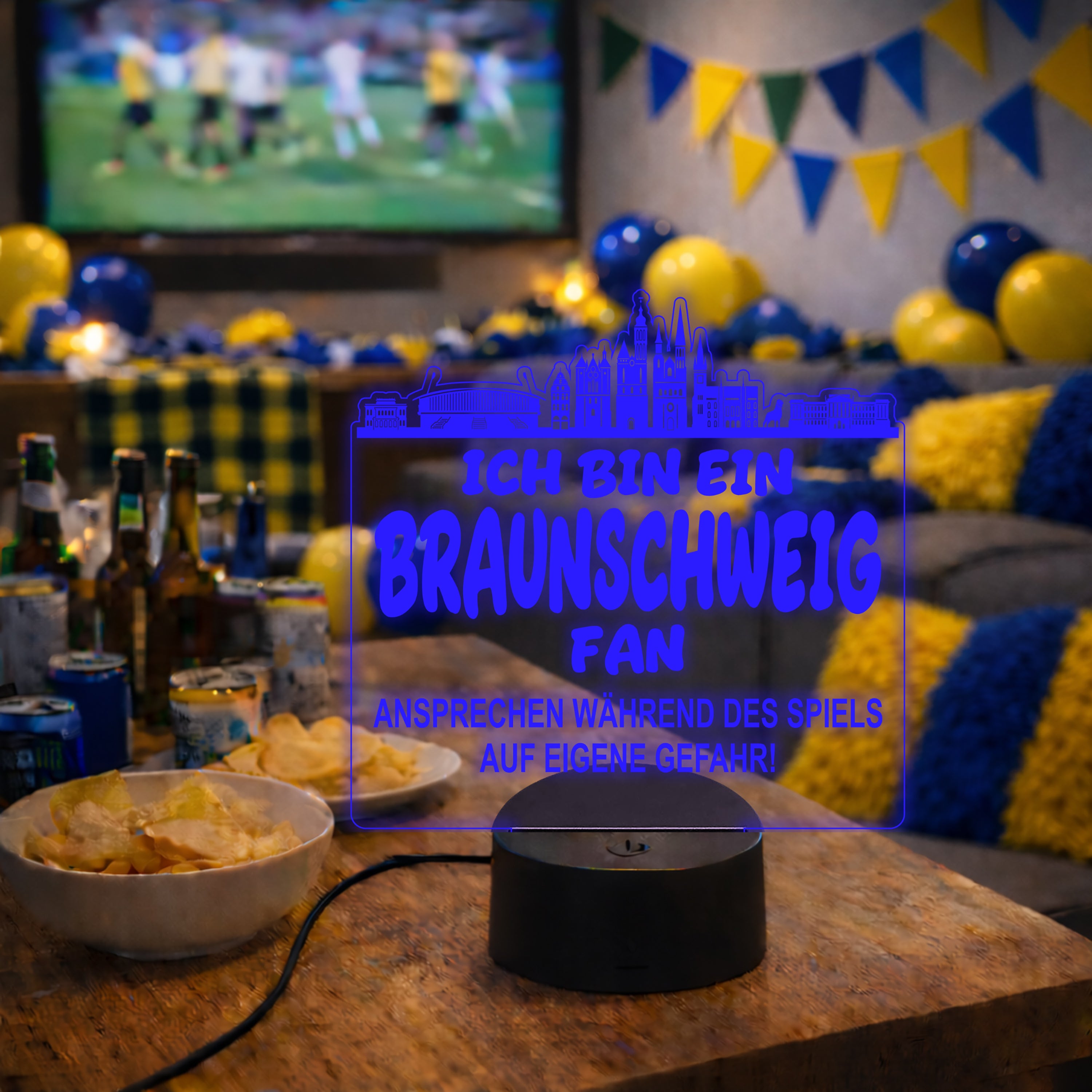 Braunschweig Fan Fußball LED Nachtlicht – 3D Skyline Design „Ansprechen auf eigene Gefahr“ – RGB Farbwechsel mit Fernbedienung & Touch – Stimmungslicht für die Man Cave – 19x23cm