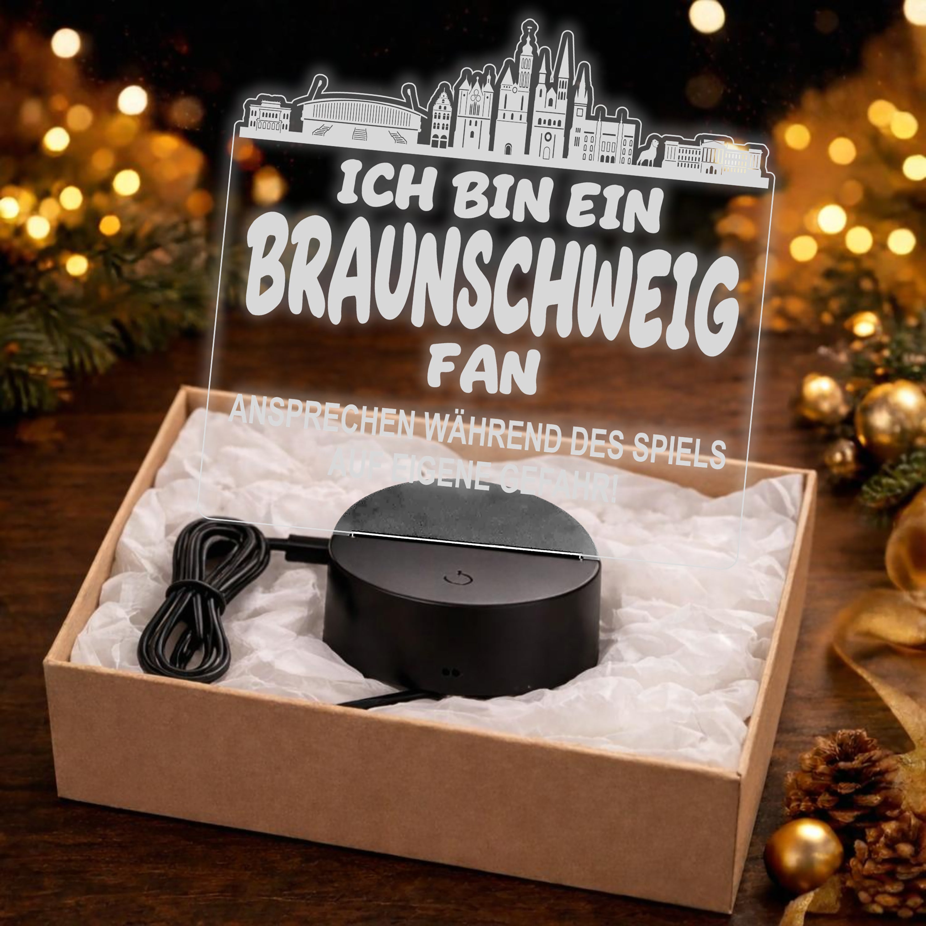 Braunschweig Fan Fußball LED Nachtlicht – 3D Skyline Design „Ansprechen auf eigene Gefahr“ – RGB Farbwechsel mit Fernbedienung & Touch – Stimmungslicht für die Man Cave – 19x23cm