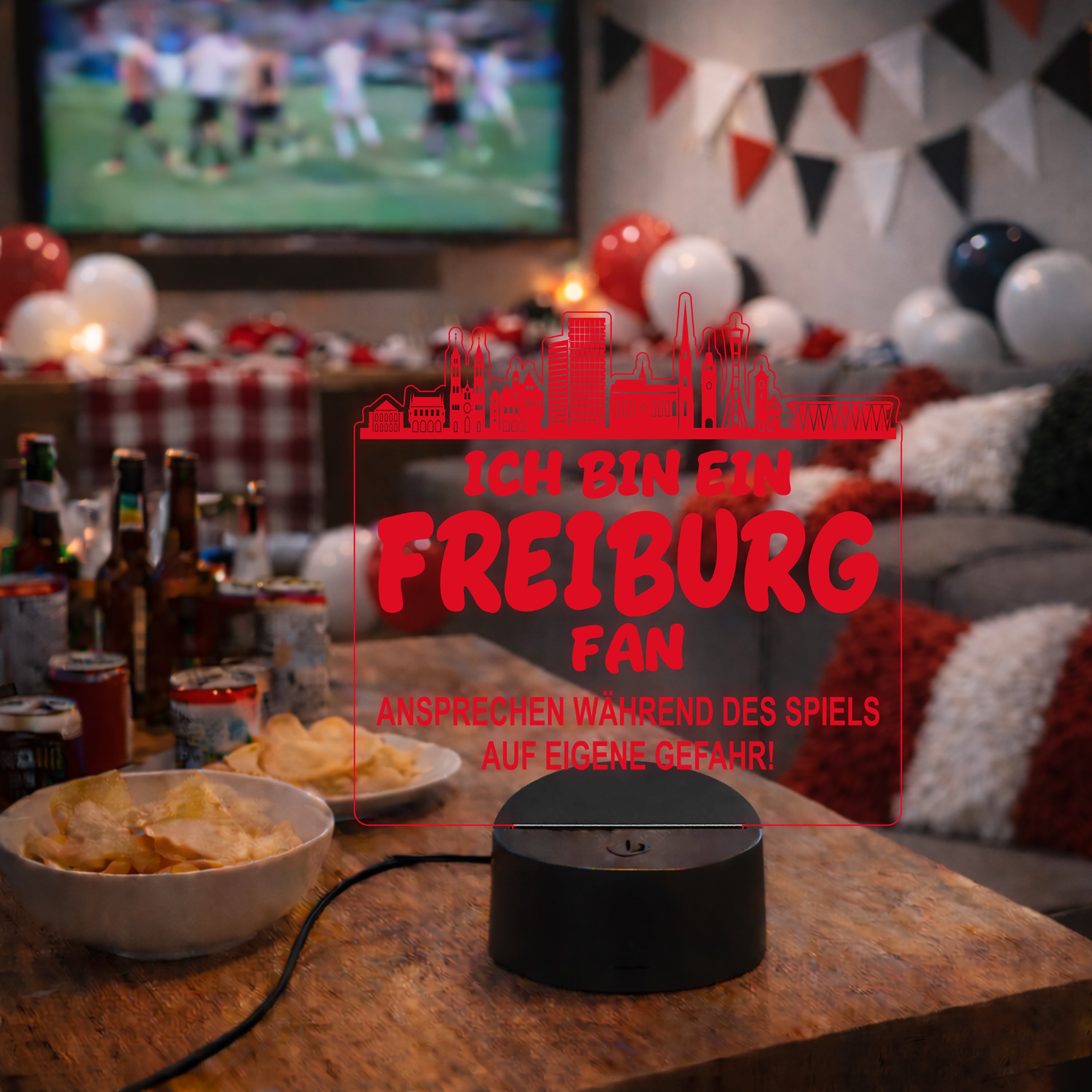 Freiburg Fan Fußball LED Nachtlicht – 3D Skyline Design „Ansprechen auf eigene Gefahr“ – RGB Farbwechsel mit Fernbedienung & Touch – Stimmungslicht für die Man Cave – 19x23cm