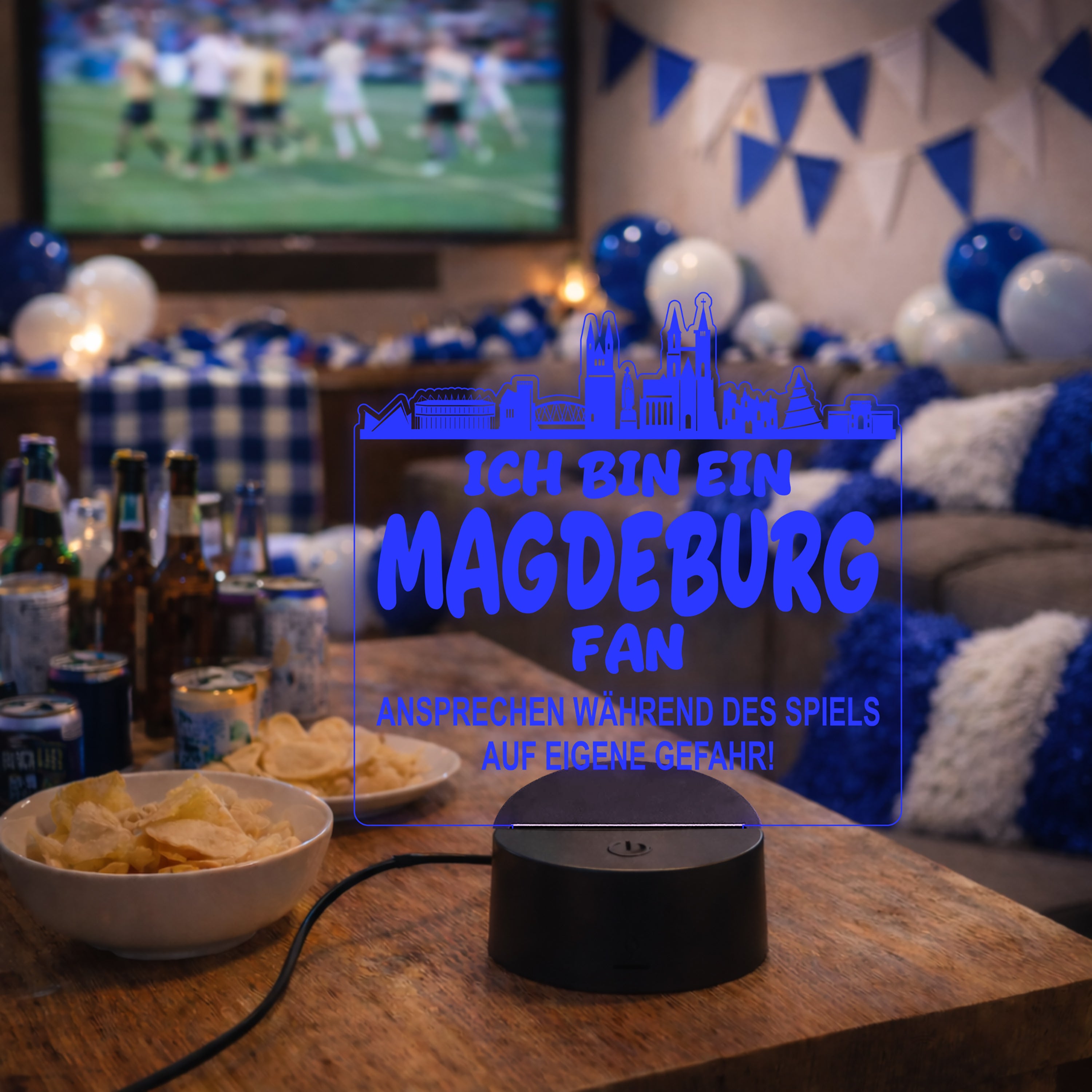 Magdeburg Fan Fußball LED Nachtlicht – 3D Skyline Design „Ansprechen auf eigene Gefahr“ – RGB Farbwechsel mit Fernbedienung & Touch – Stimmungslicht für die Man Cave – 19x23cm