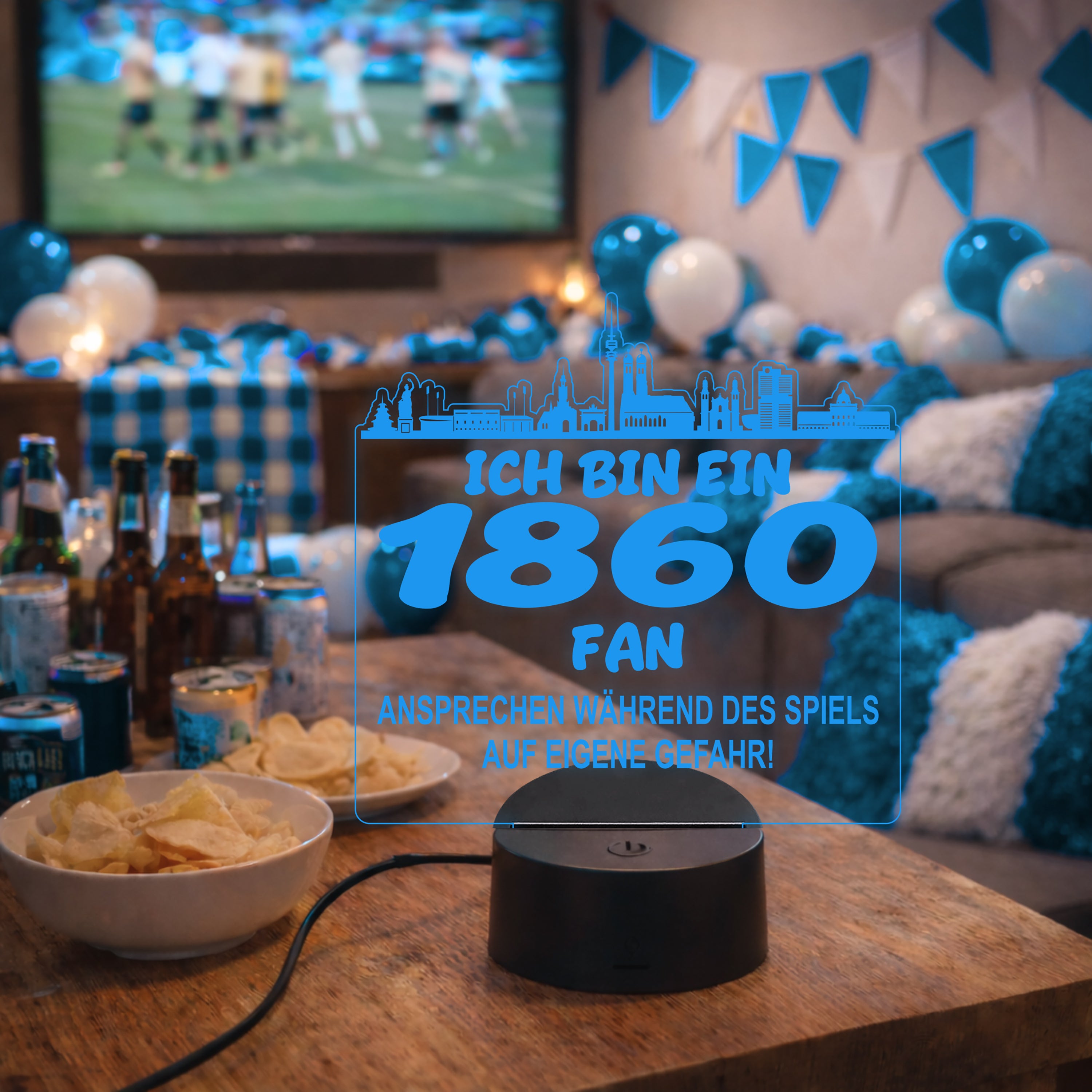 1860 Fan Fußball LED Nachtlicht – 3D Skyline Design „Ansprechen auf eigene Gefahr“ – RGB Farbwechsel mit Fernbedienung & Touch – Stimmungslicht für die Man Cave – 19x23cm