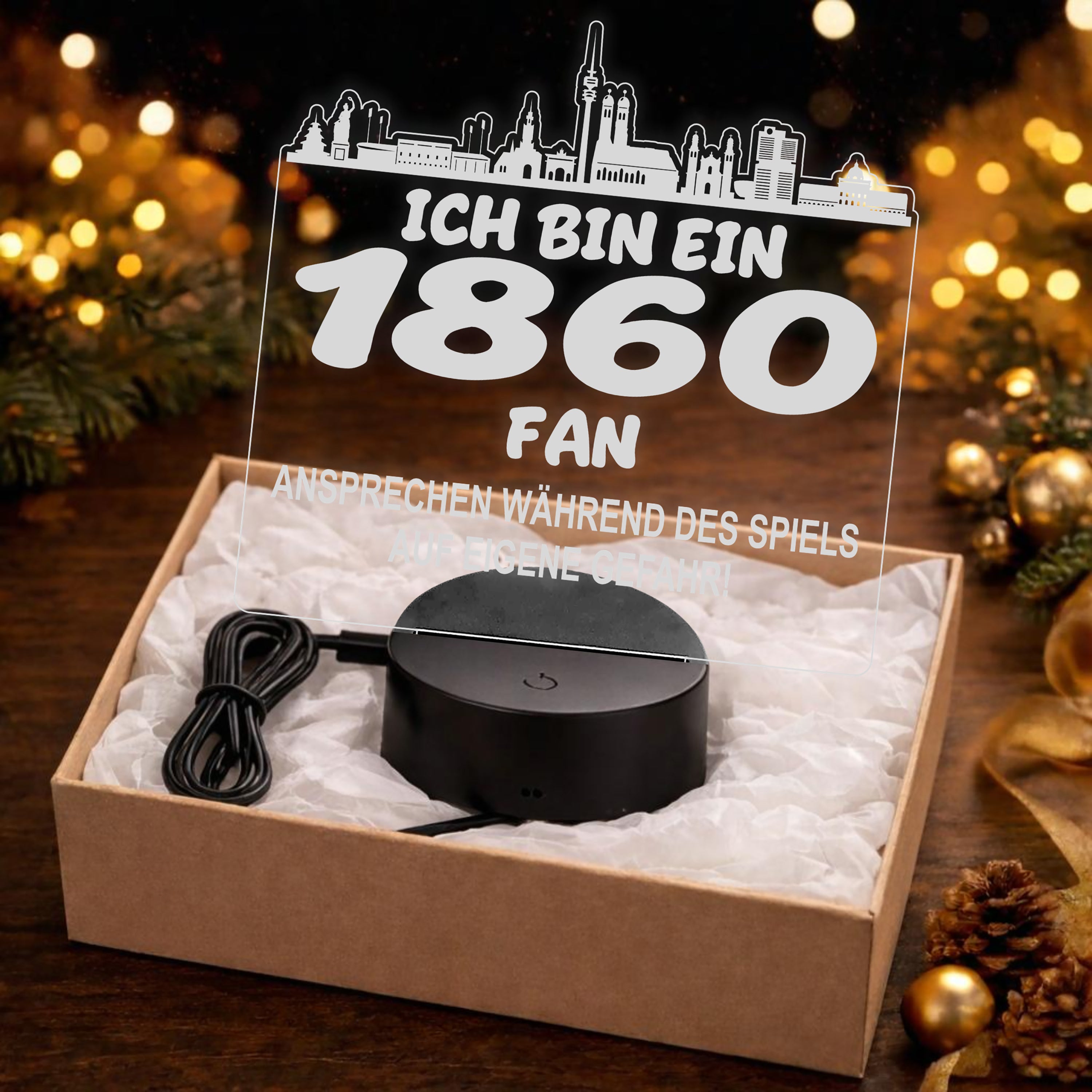 1860 Fan Fußball LED Nachtlicht – 3D Skyline Design „Ansprechen auf eigene Gefahr“ – RGB Farbwechsel mit Fernbedienung & Touch – Stimmungslicht für die Man Cave – 19x23cm