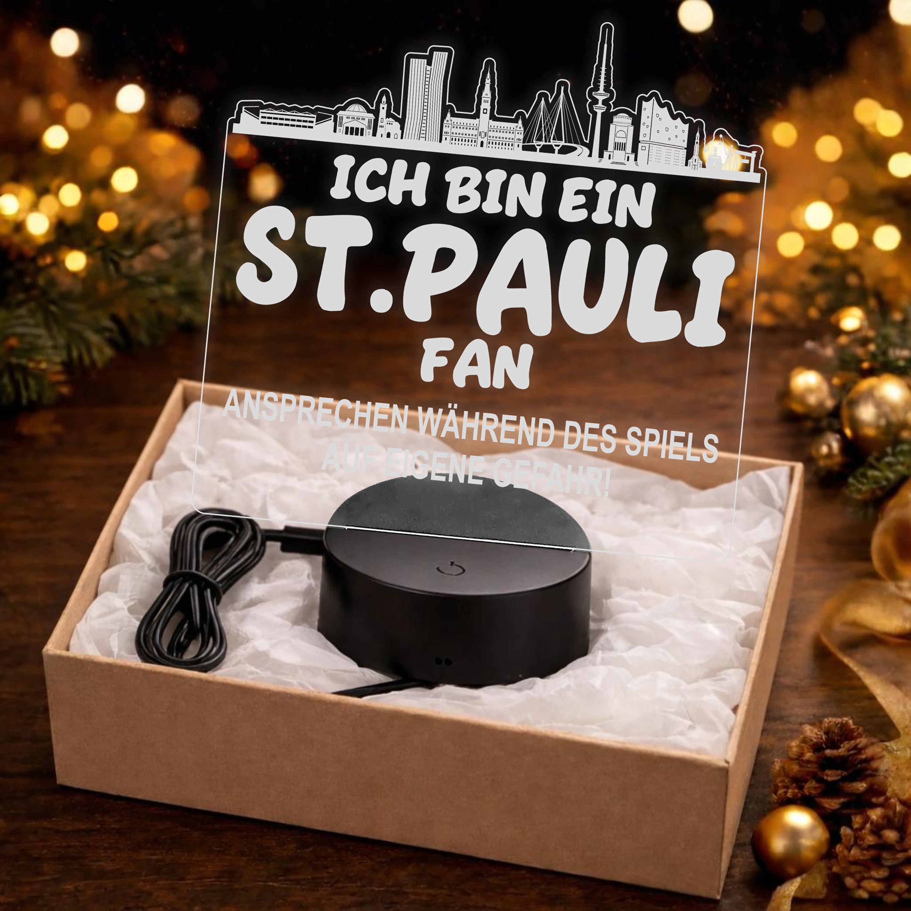 St. Pauli Fan Fußball LED Nachtlicht – 3D Skyline Design „Ansprechen auf eigene Gefahr“ – RGB Farbwechsel mit Fernbedienung & Touch – Stimmungslicht für die Man Cave – 19x23cm