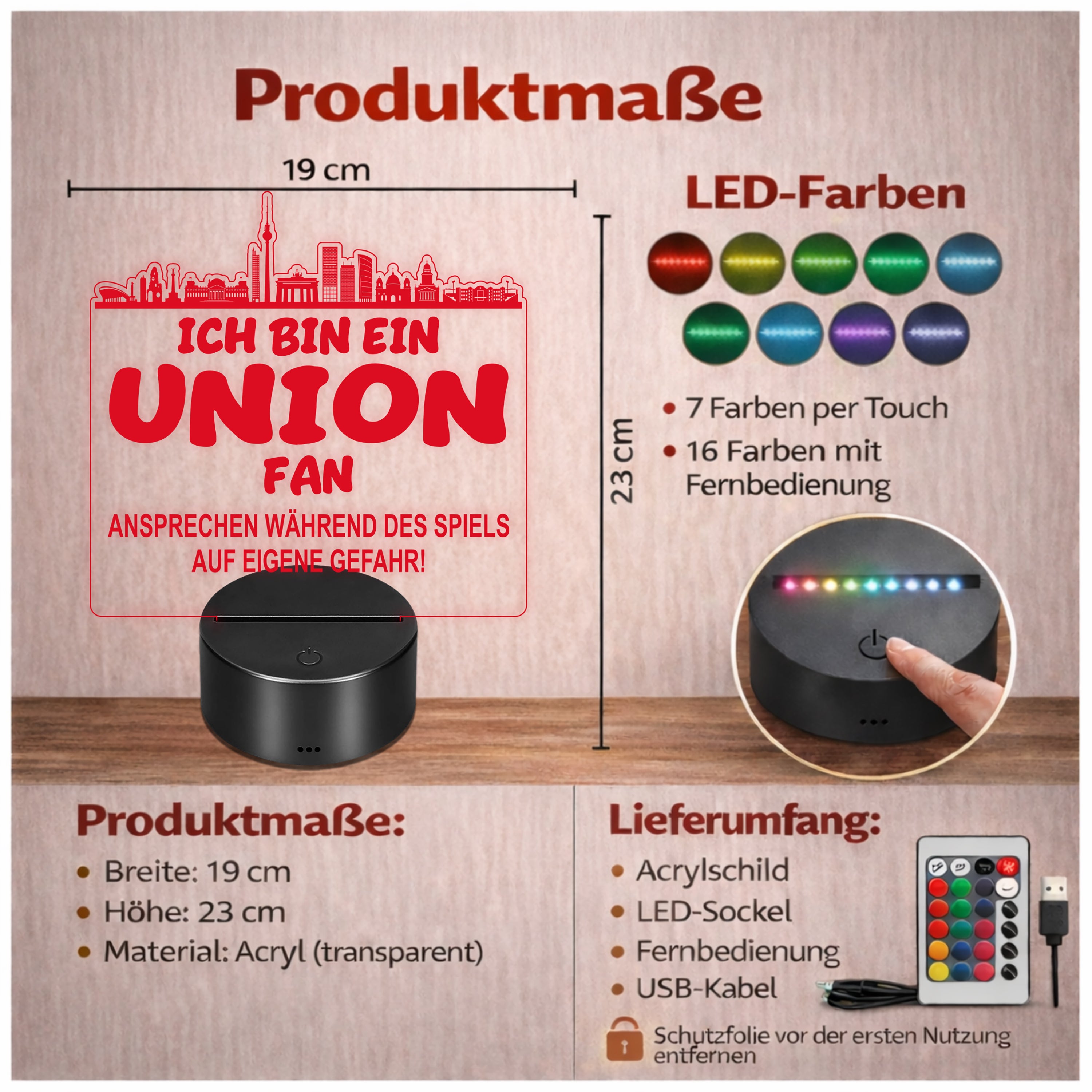 Union Fan Fußball LED Nachtlicht – 3D Skyline Design „Ansprechen auf eigene Gefahr“ – RGB Farbwechsel mit Fernbedienung & Touch – Stimmungslicht für die Man Cave – 19x23cm