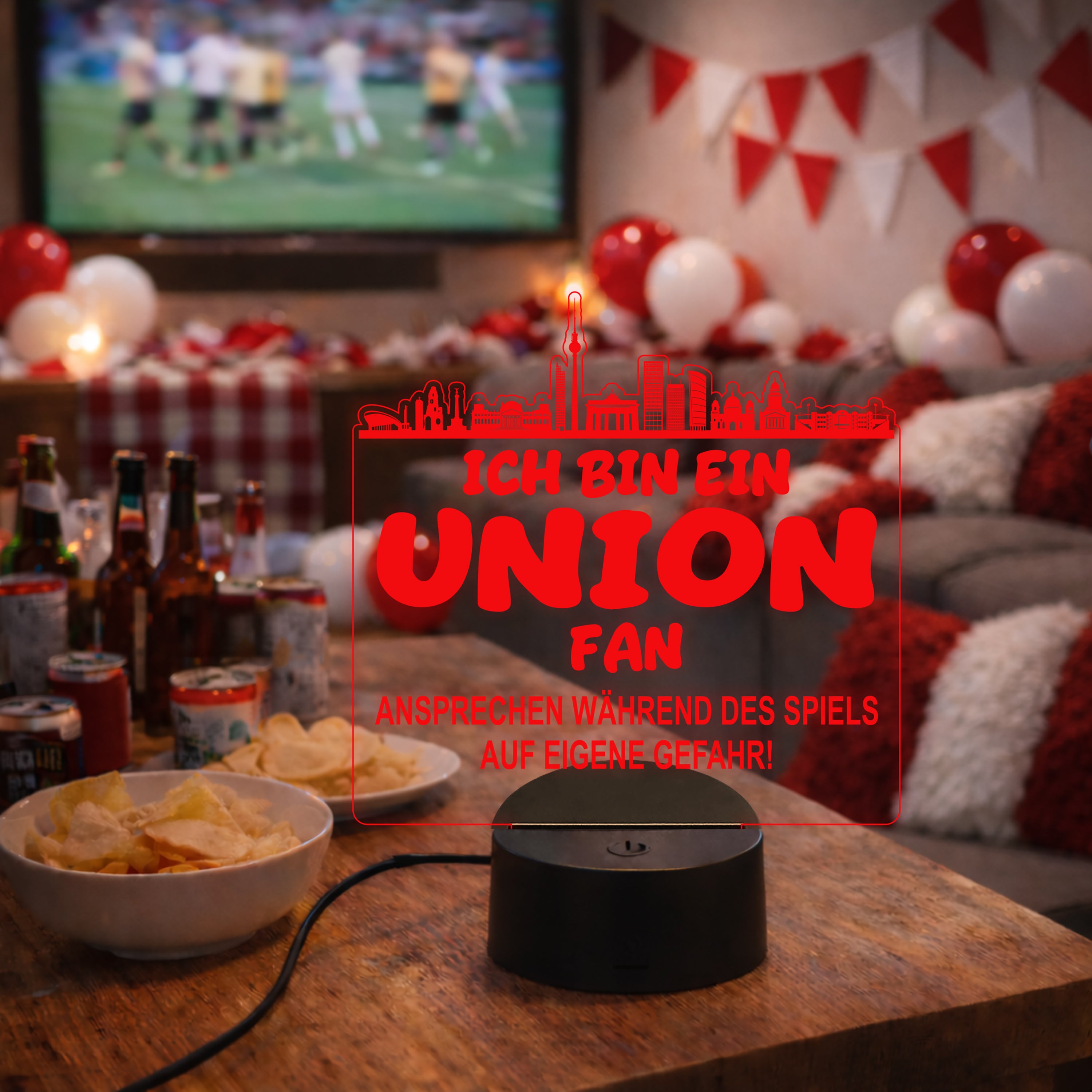 Union Fan Fußball LED Nachtlicht – 3D Skyline Design „Ansprechen auf eigene Gefahr“ – RGB Farbwechsel mit Fernbedienung & Touch – Stimmungslicht für die Man Cave – 19x23cm