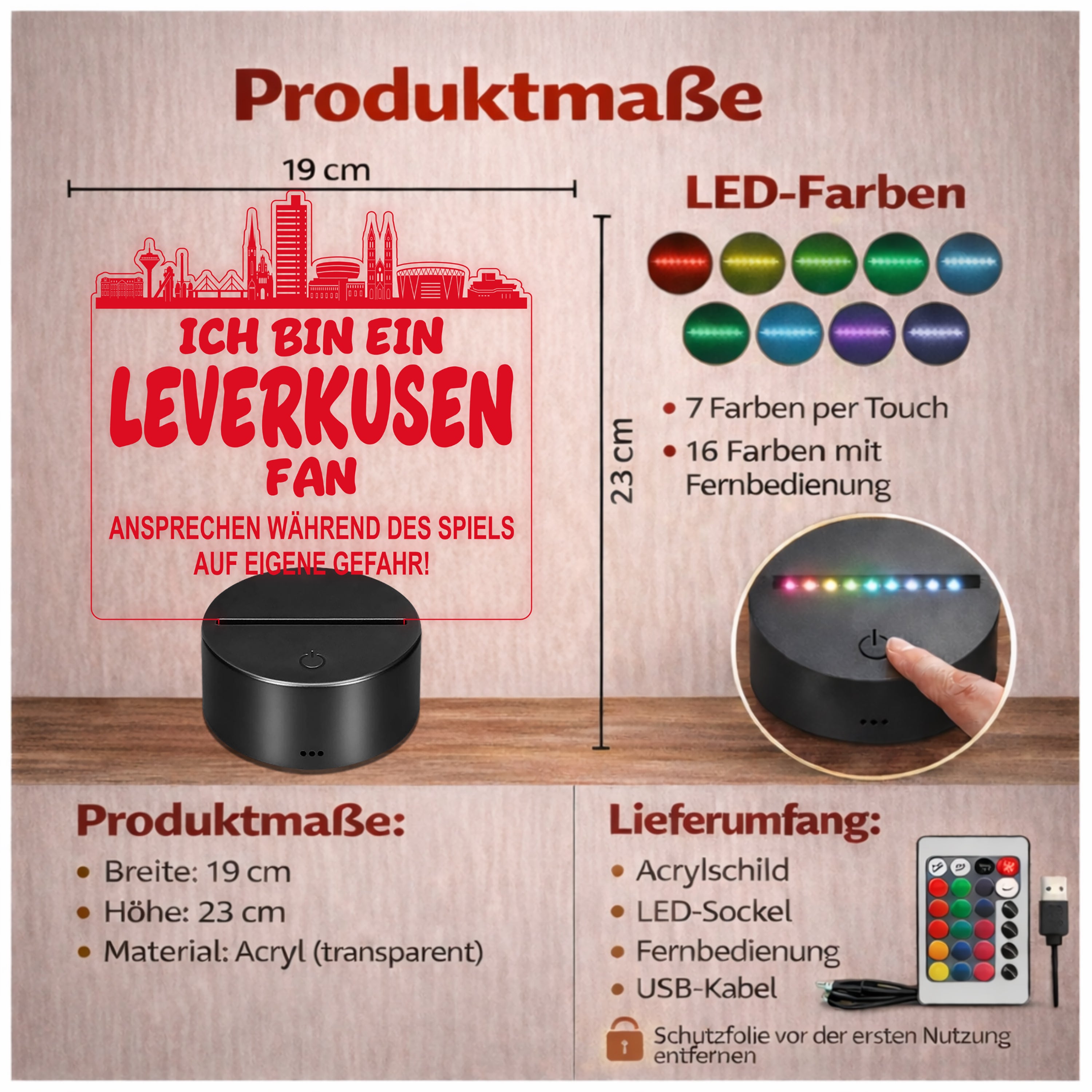 Leverkusen Fan Fußball LED Nachtlicht – 3D Skyline Design „Ansprechen auf eigene Gefahr“ – RGB Farbwechsel mit Fernbedienung & Touch – Stimmungslicht für die Man Cave – 19x23cm