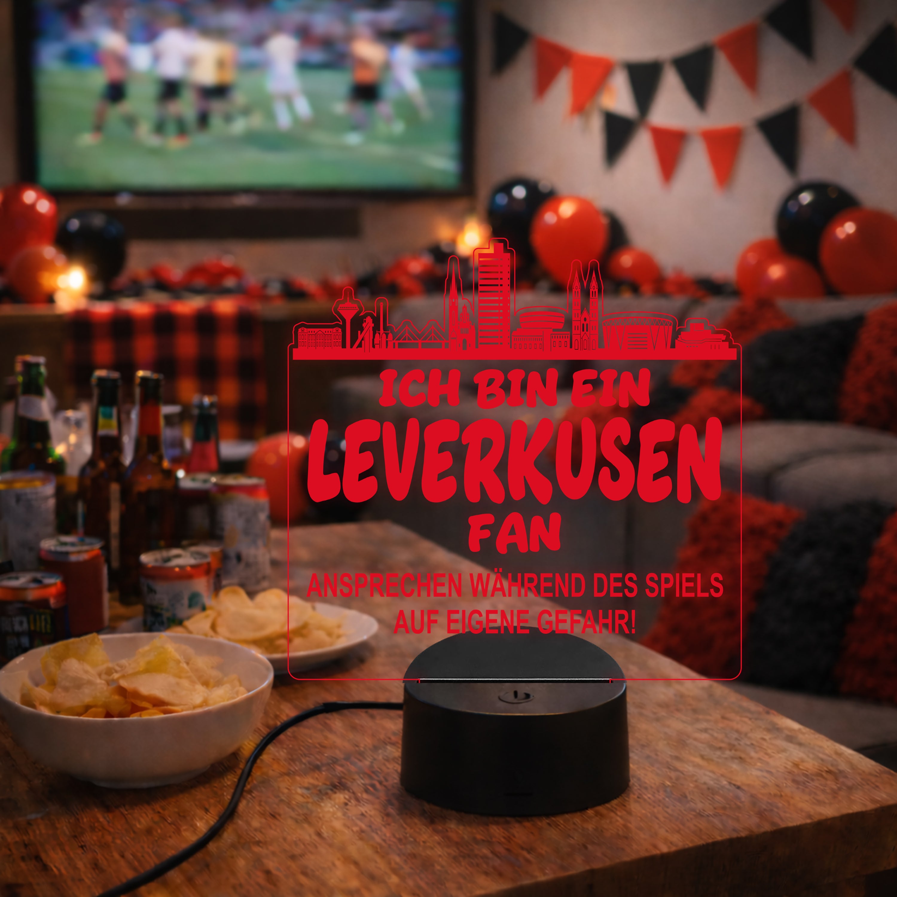Leverkusen Fan Fußball LED Nachtlicht – 3D Skyline Design „Ansprechen auf eigene Gefahr“ – RGB Farbwechsel mit Fernbedienung & Touch – Stimmungslicht für die Man Cave – 19x23cm