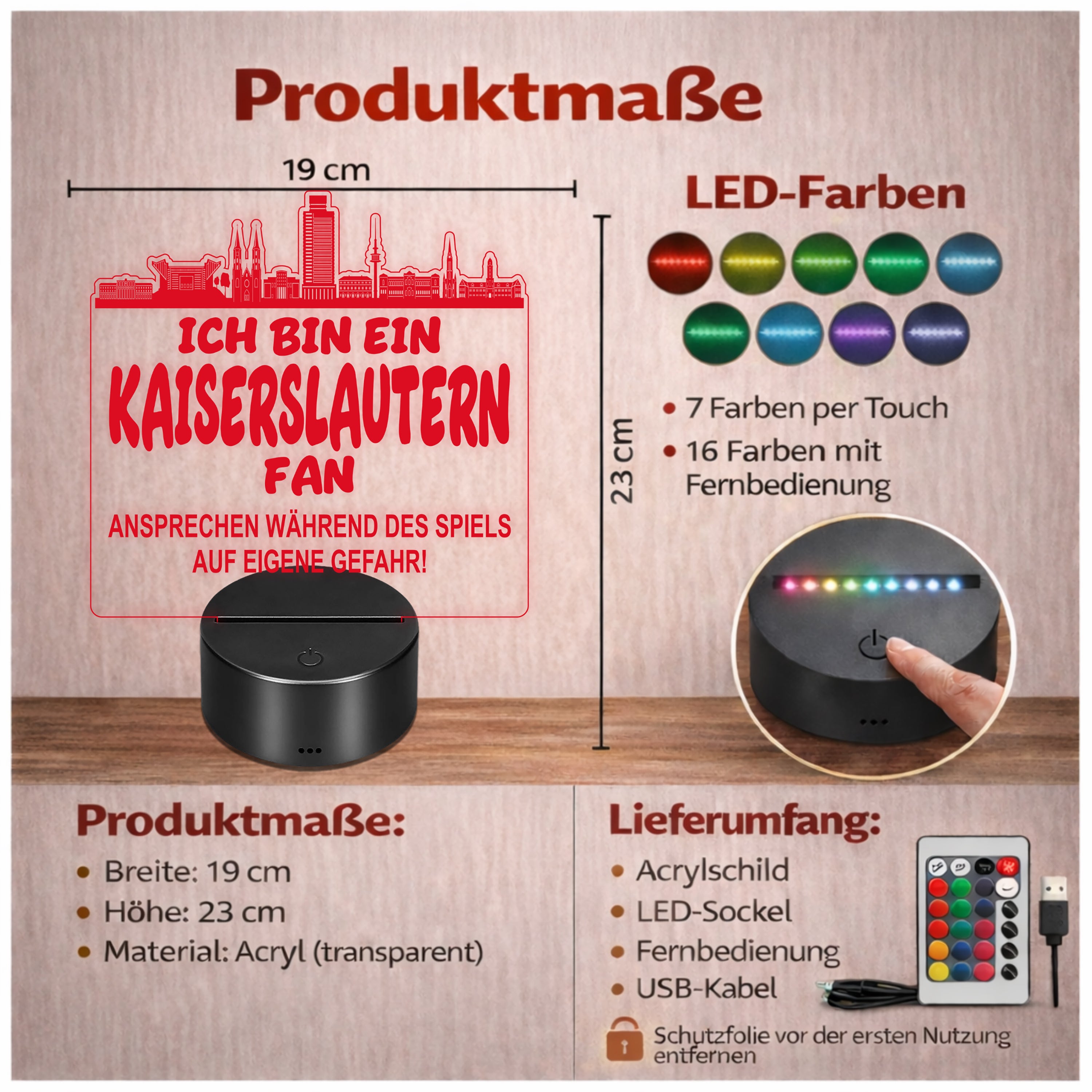 Kaiserslautern Fan Fußball LED Nachtlicht – 3D Skyline Design „Ansprechen auf eigene Gefahr“ – RGB Farbwechsel mit Fernbedienung & Touch – Stimmungslicht für die Man Cave – 19x23cm
