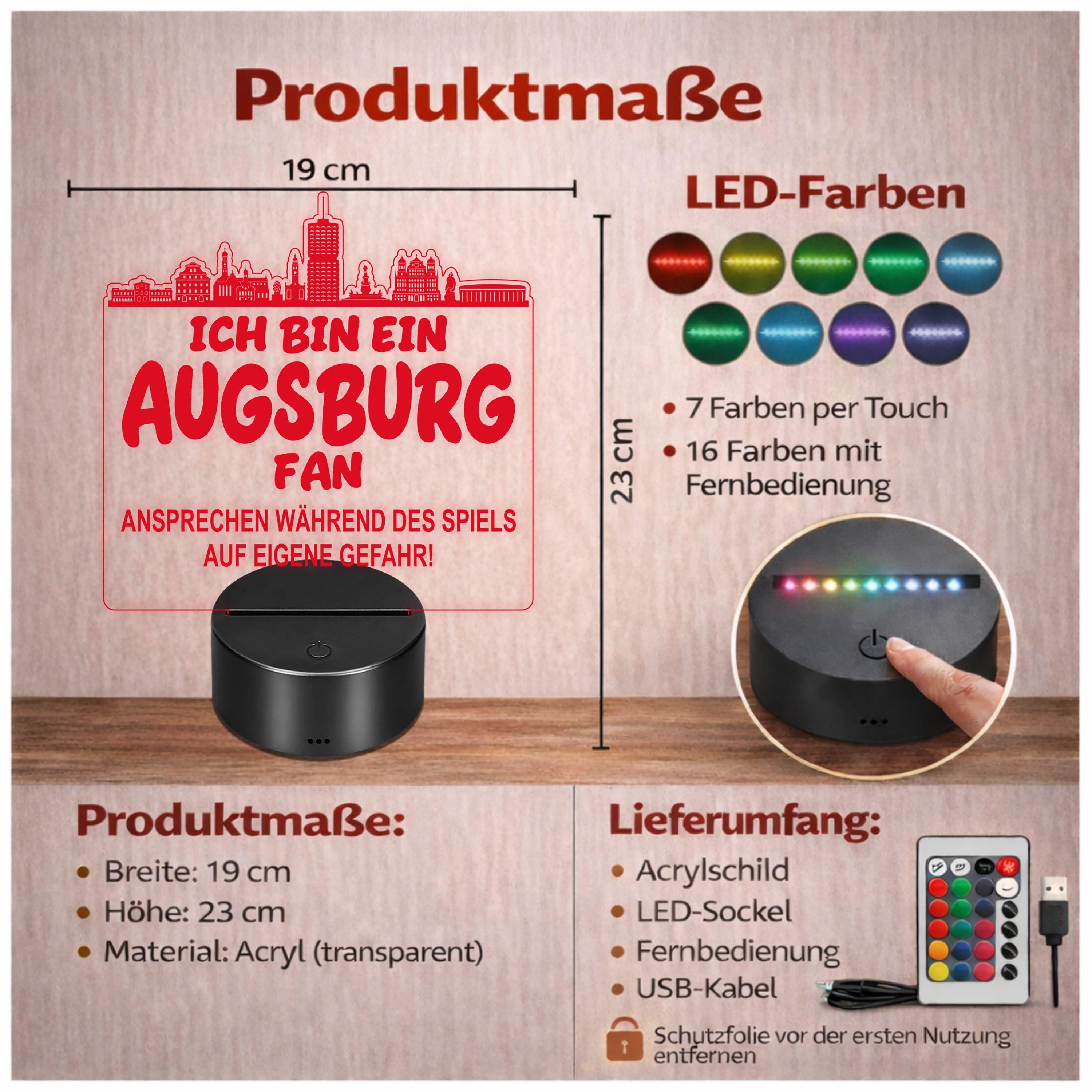Augsburg Fan Fußball LED Nachtlicht – 3D Skyline Design „Ansprechen auf eigene Gefahr“ – RGB Farbwechsel mit Fernbedienung & Touch – Stimmungslicht für die Man Cave – 19x23cm