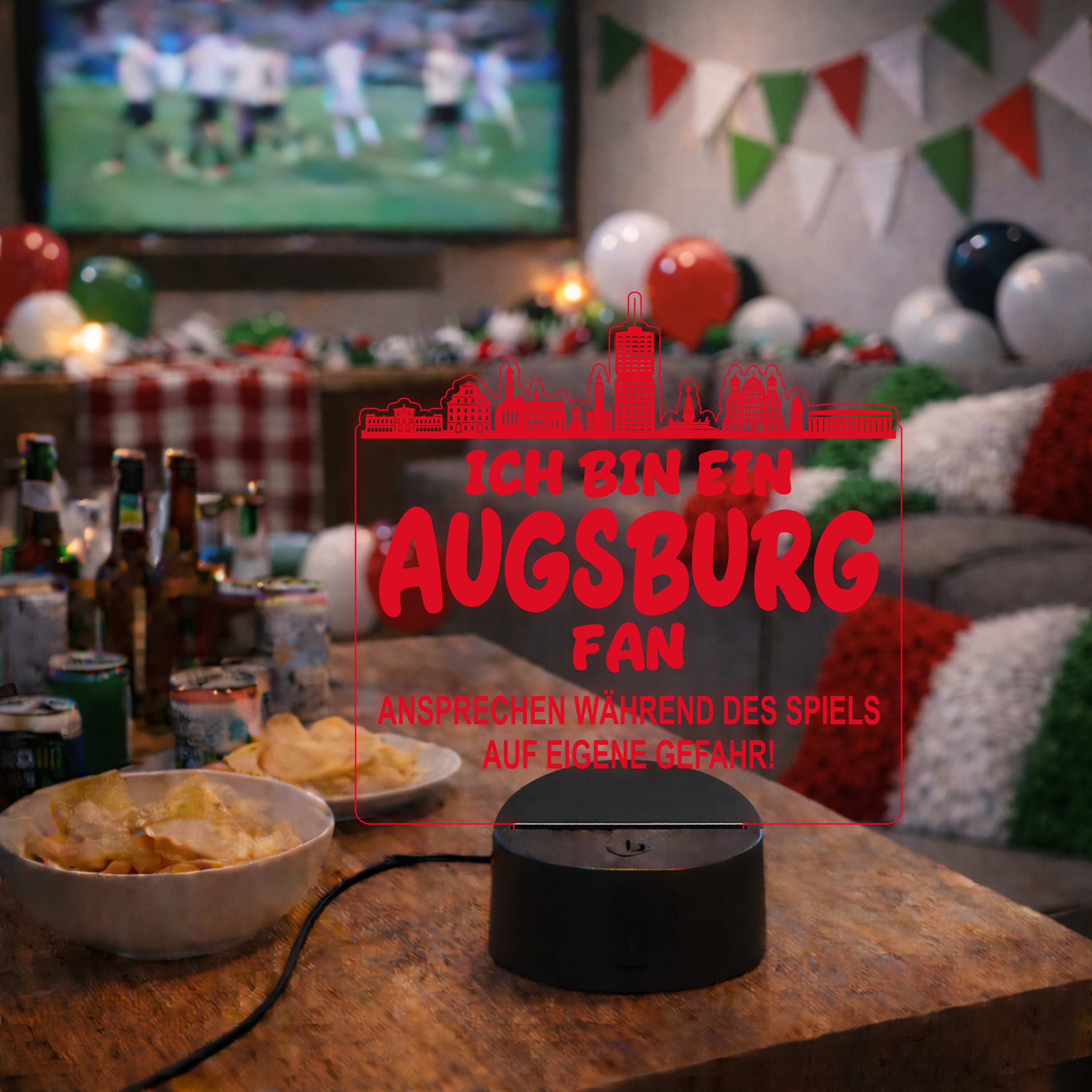 Augsburg Fan Fußball LED Nachtlicht – 3D Skyline Design „Ansprechen auf eigene Gefahr“ – RGB Farbwechsel mit Fernbedienung & Touch – Stimmungslicht für die Man Cave – 19x23cm