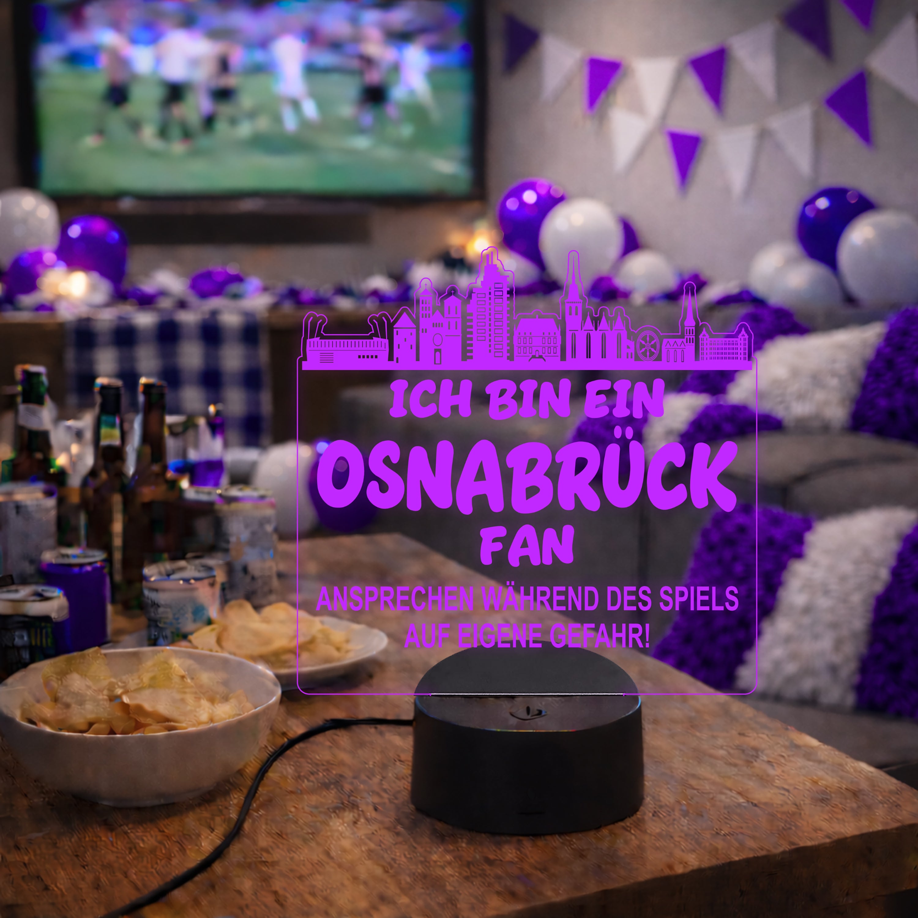 Osnabrück Fan Fußball LED Nachtlicht – 3D Skyline Design „Ansprechen auf eigene Gefahr“ – RGB Farbwechsel mit Fernbedienung & Touch – Stimmungslicht für die Man Cave – 19x23cm