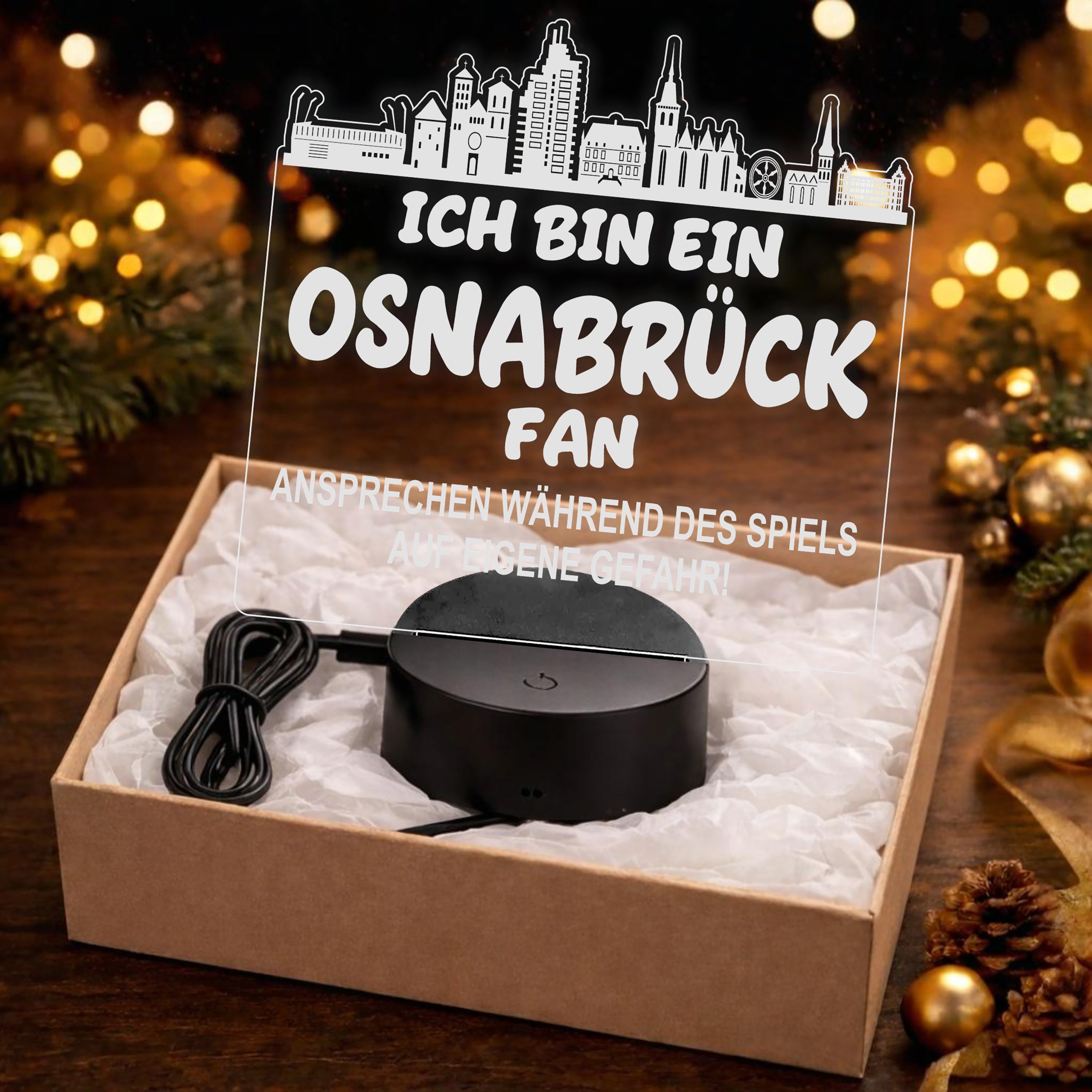 Osnabrück Fan Fußball LED Nachtlicht – 3D Skyline Design „Ansprechen auf eigene Gefahr“ – RGB Farbwechsel mit Fernbedienung & Touch – Stimmungslicht für die Man Cave – 19x23cm
