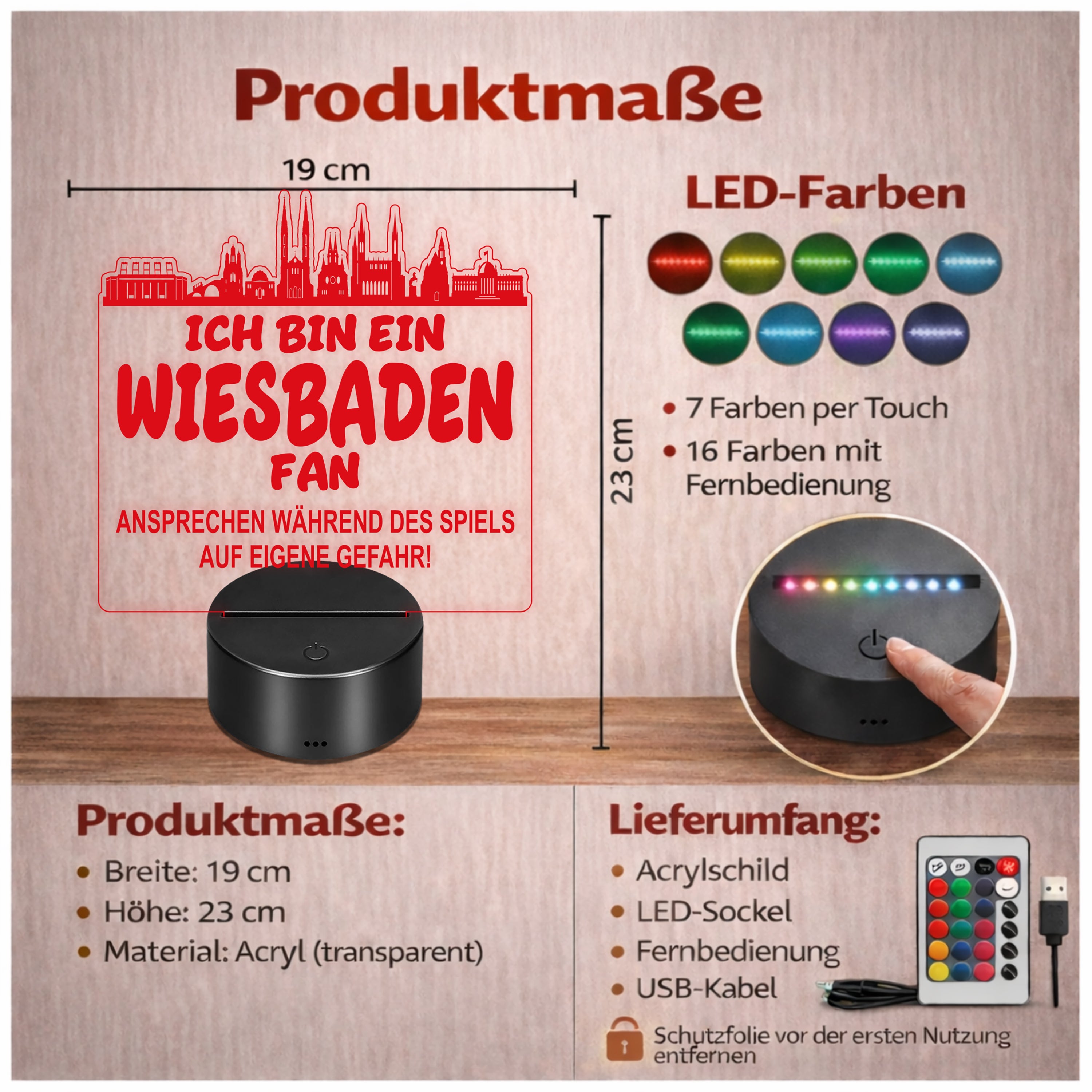 Wiesbaden Fan Fußball LED Nachtlicht – 3D Skyline Design „Ansprechen auf eigene Gefahr“ – RGB Farbwechsel mit Fernbedienung & Touch – Stimmungslicht für die Man Cave – 19x23cm