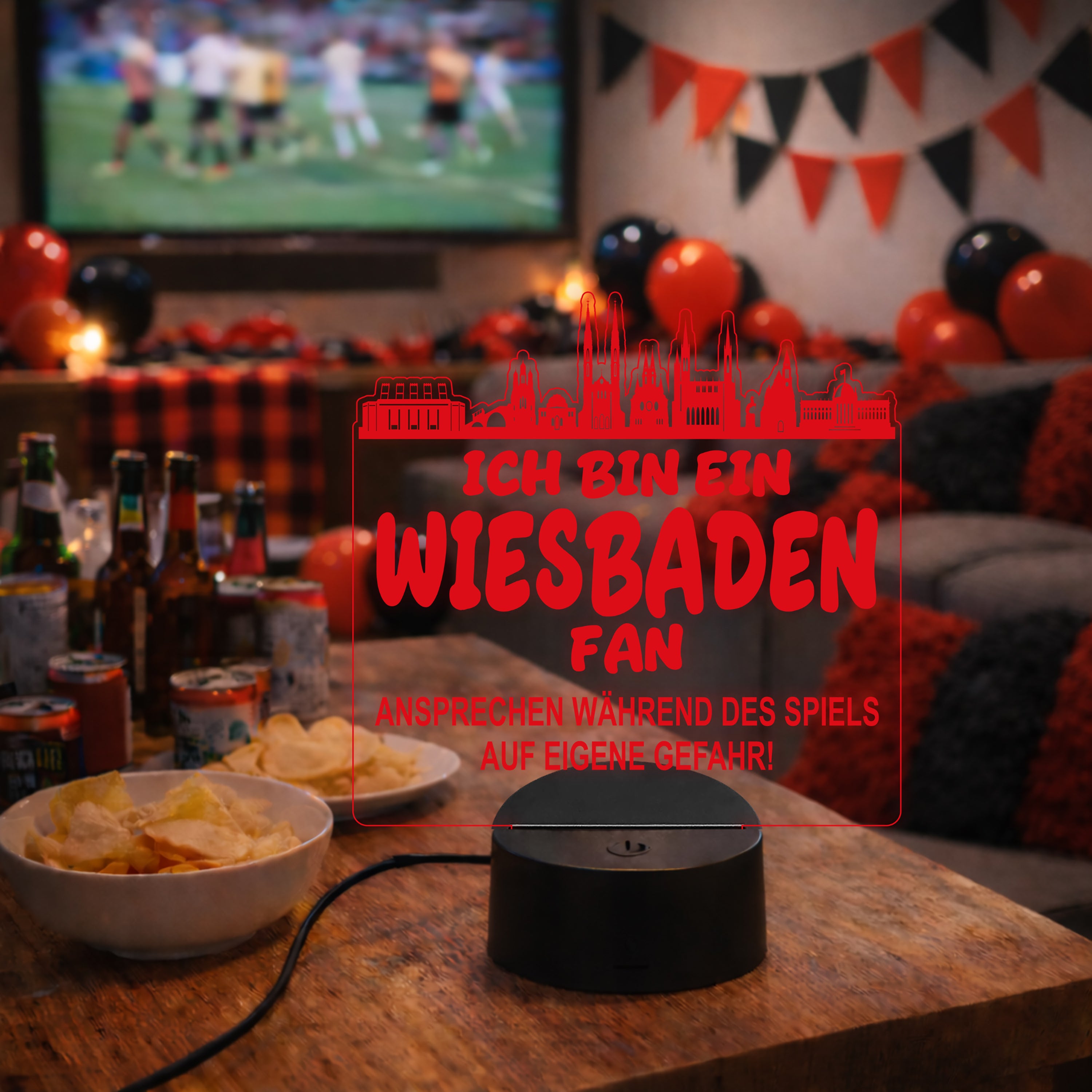 Wiesbaden Fan Fußball LED Nachtlicht – 3D Skyline Design „Ansprechen auf eigene Gefahr“ – RGB Farbwechsel mit Fernbedienung & Touch – Stimmungslicht für die Man Cave – 19x23cm