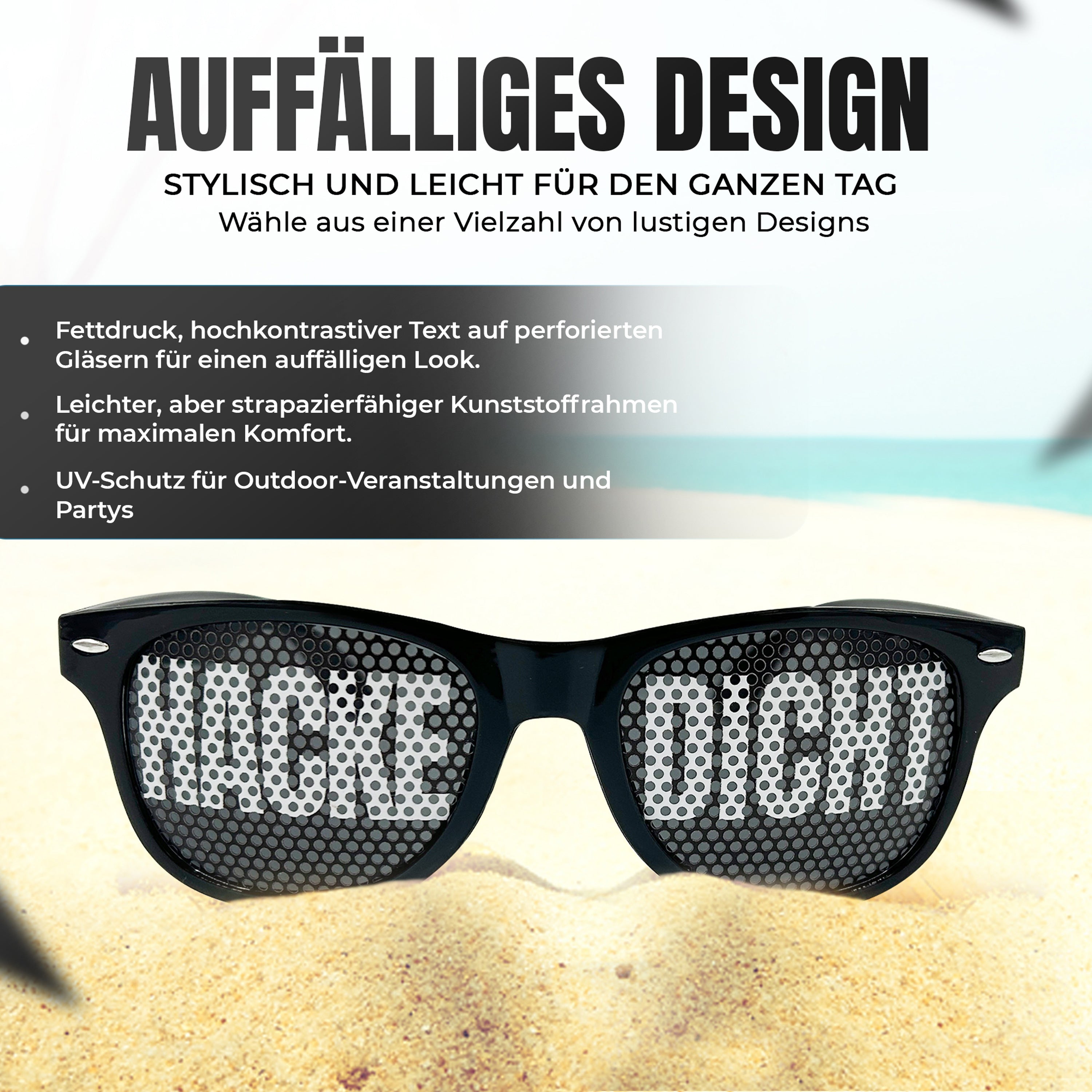 Party Sonnenbrille mit Motiv | HACKE DICHT | schwarze Funbrille zu Festivals Karneval Fasching | als Accessoire für Sauf- und Feierpartys