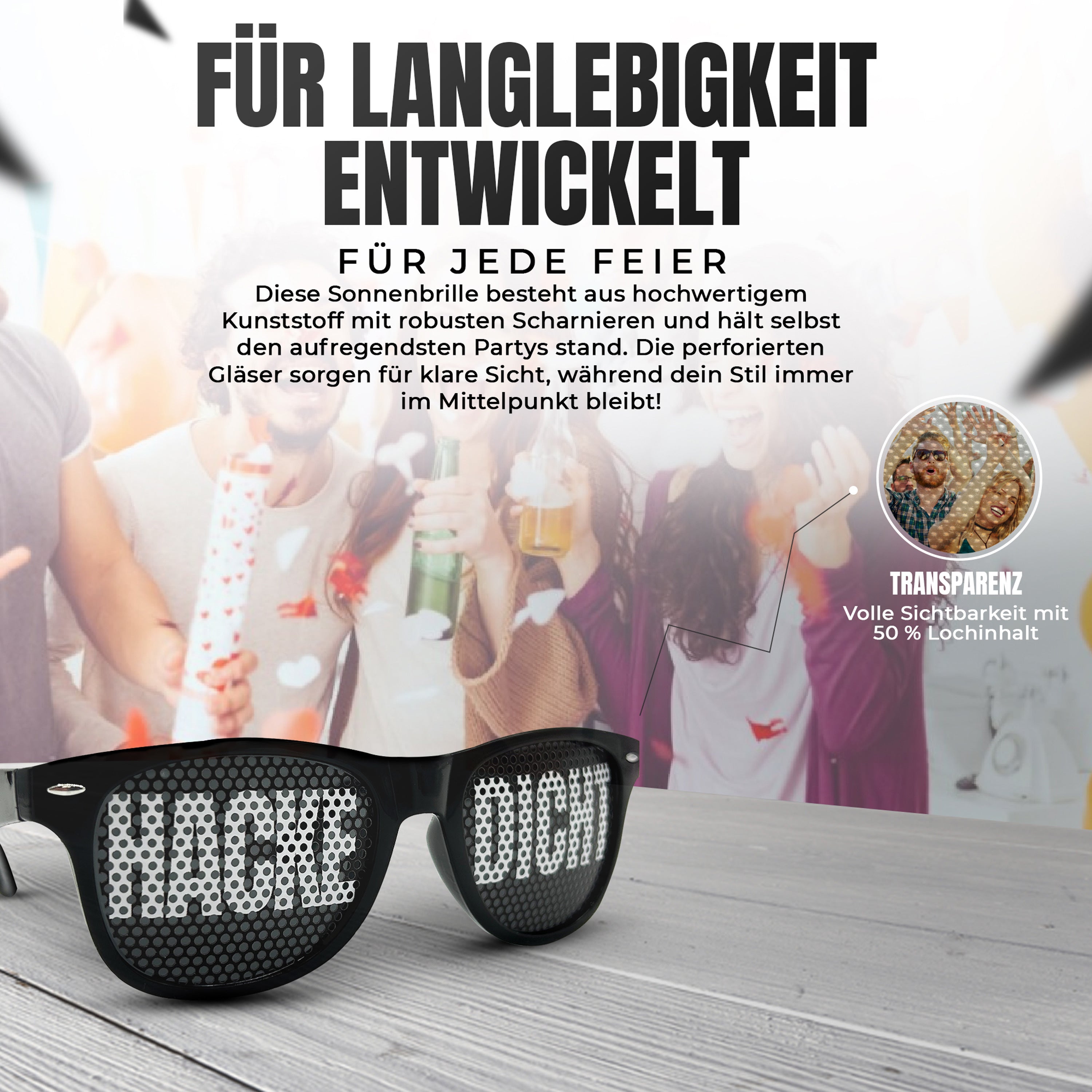 Party Sonnenbrille mit Motiv | HACKE DICHT | schwarze Funbrille zu Festivals Karneval Fasching | als Accessoire für Sauf- und Feierpartys