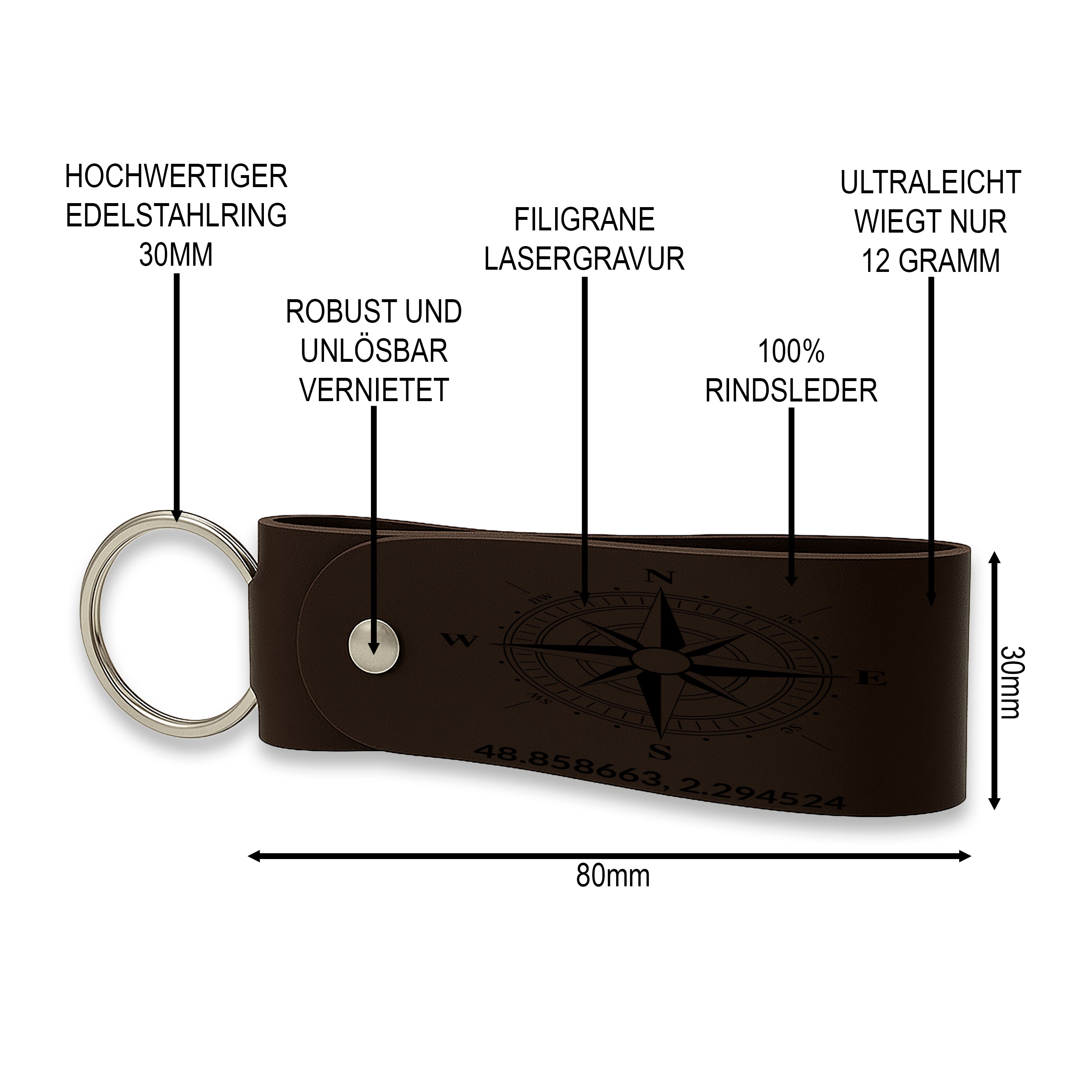 Schlüsselanhänger aus echtem Rindsleder – personalisierbar mit Koordinaten, Kompass oder Wunschtext – handgefertigtes Liebesgeschenk für Paare.