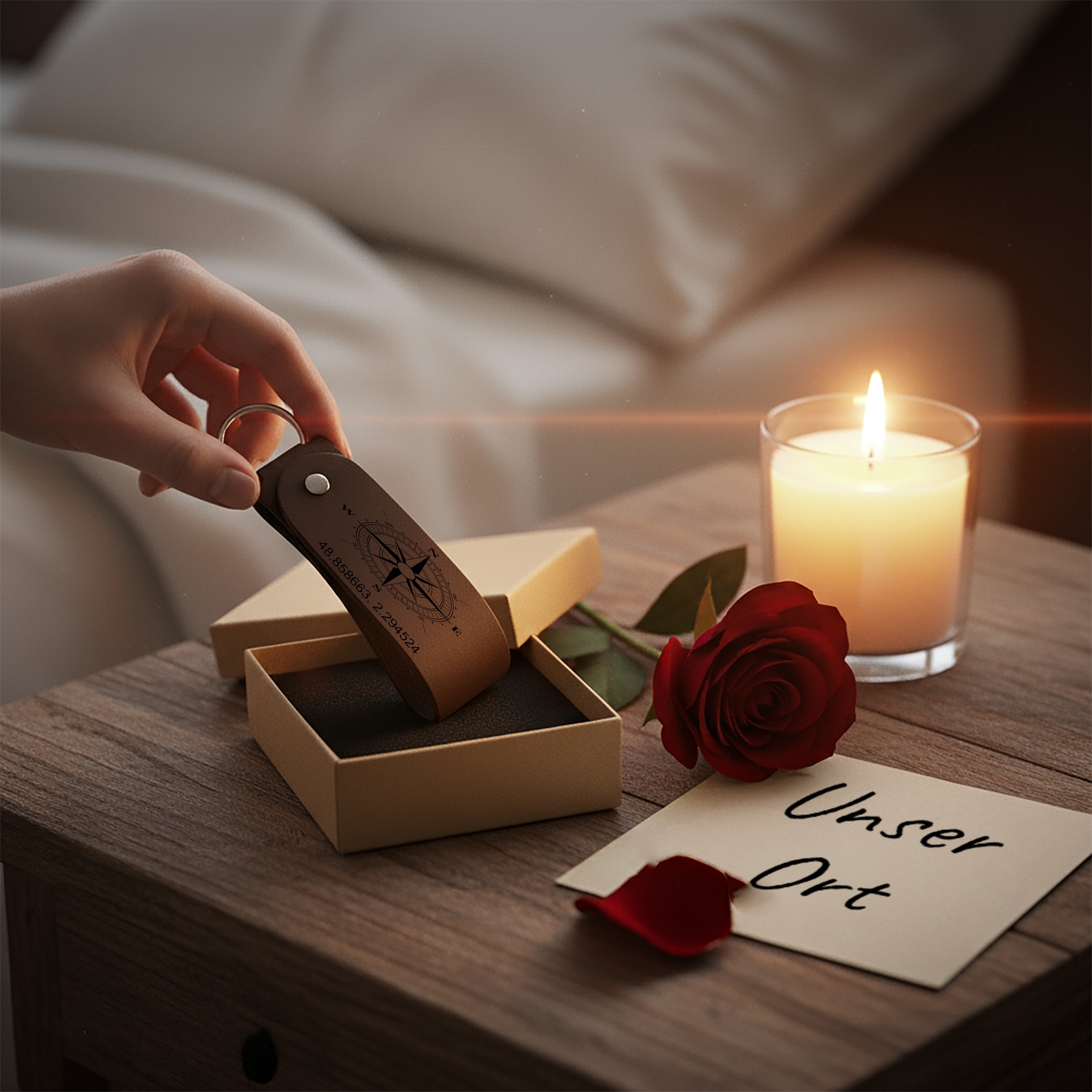 Schlüsselanhänger aus echtem Rindsleder – personalisierbar mit Koordinaten, Kompass oder Wunschtext – handgefertigtes Liebesgeschenk für Paare.