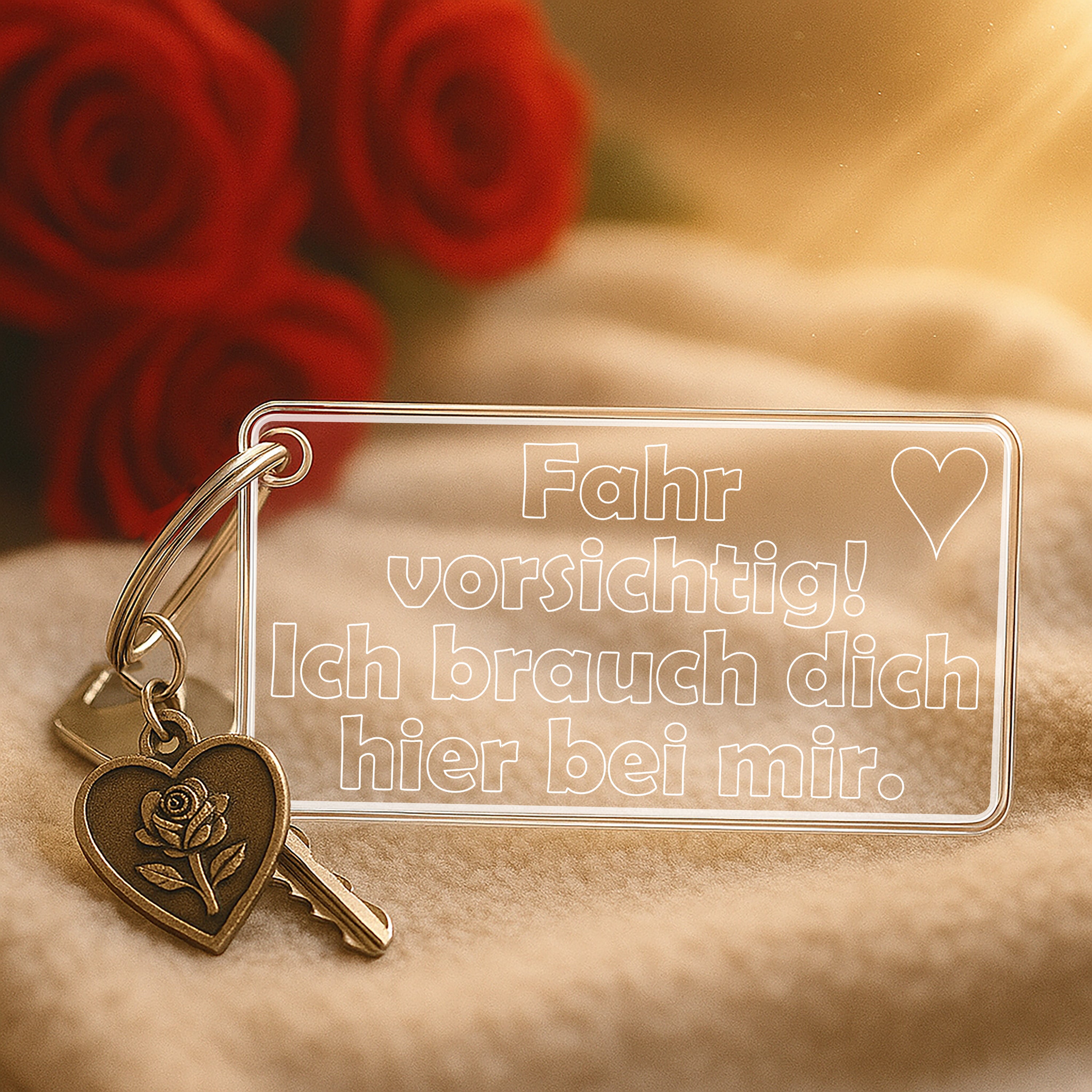 Acryl Schlüsselanhänger mit Spruch | Fahr vorsichtig! Ich brauch dich hier bei mir. | inkl. Schlüsselring | Kratzfest, UV-Beständig & Robust | Elegantes Geschenk für Paare |