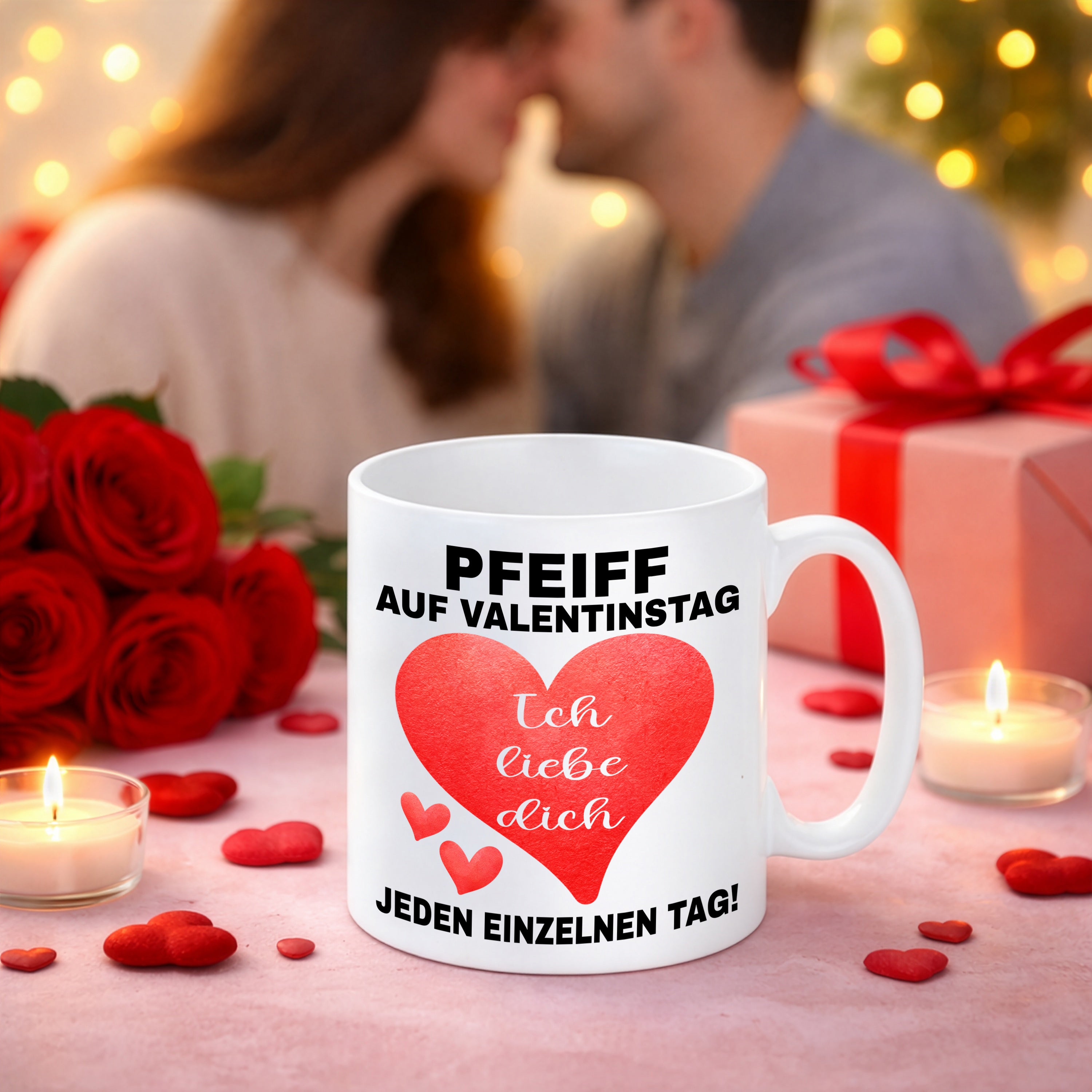Valentinstag Tasse „Pfeiff auf Valentinstag – Ich liebe dich jeden einzelnen Tag“ | Romantische Kaffeetasse aus Keramik | Geschenk für Partner, Freundin, Freund, Frau oder Mann.