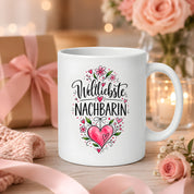 Herzbotschaft Weltliebste Nachbarin Tasse mit Farbwahl – Geschenk für Nachbarin 300 ml