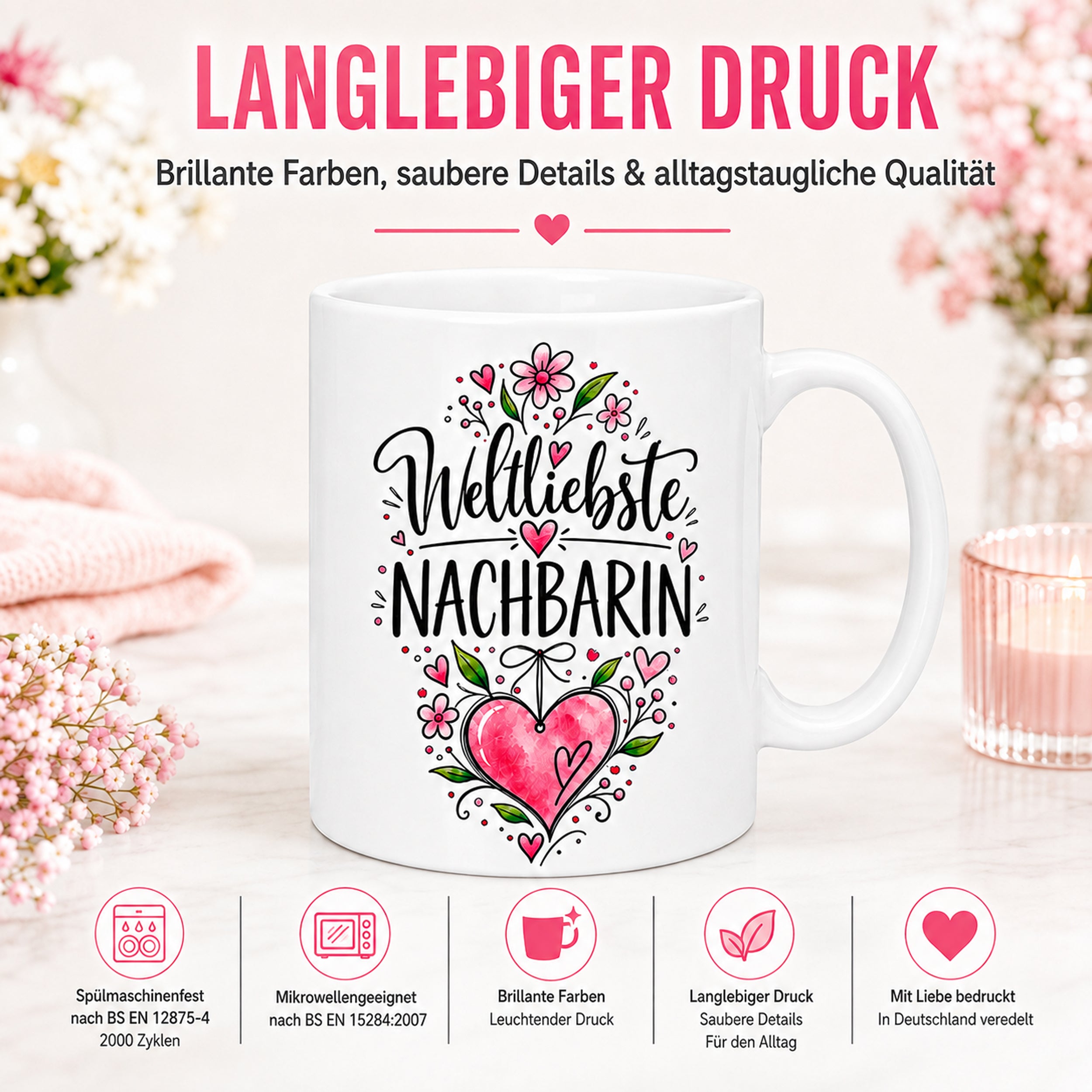 Herzbotschaft Weltliebste Nachbarin Tasse mit Farbwahl – Geschenk für Nachbarin 300 ml