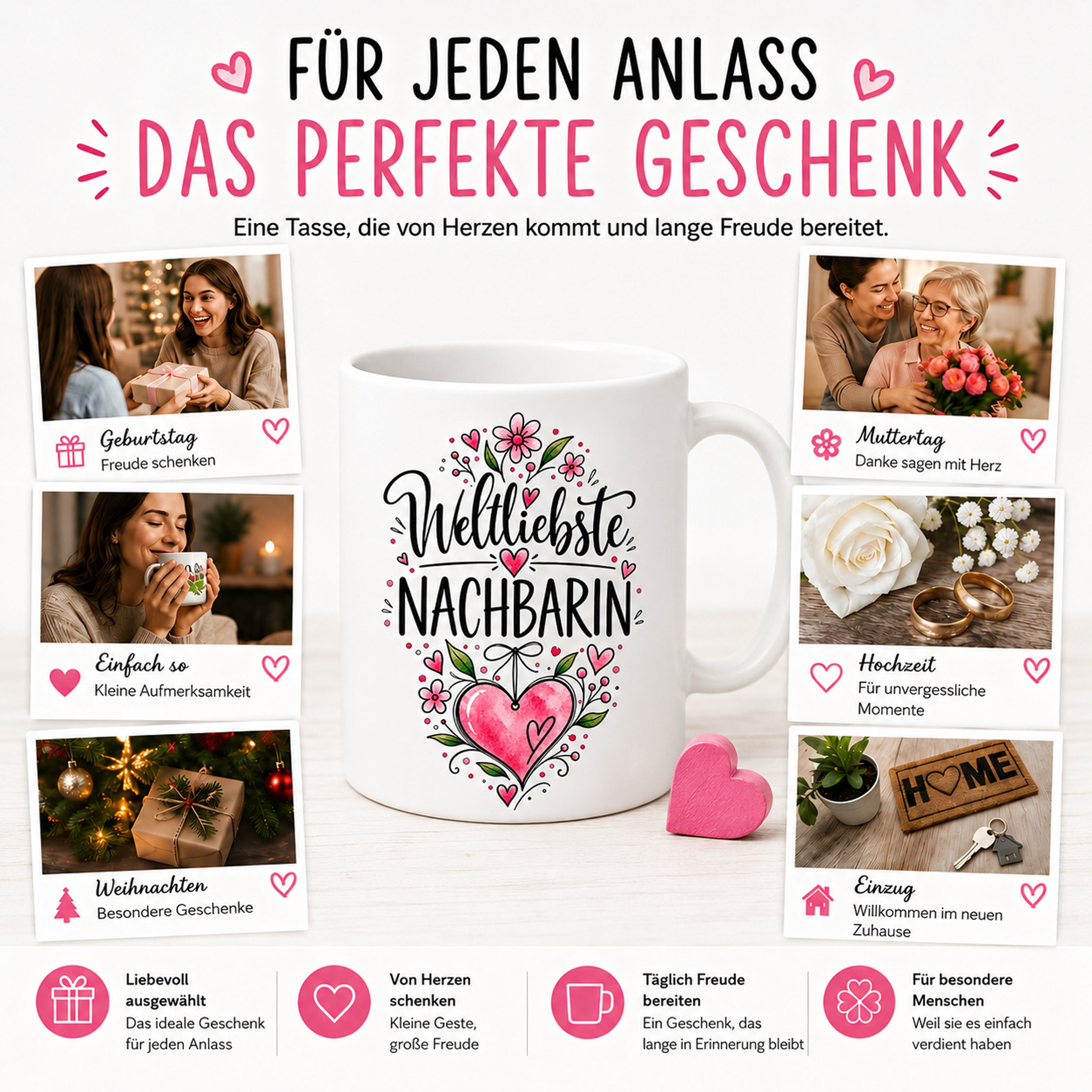 Herzbotschaft Weltliebste Nachbarin Tasse mit Farbwahl – Geschenk für Nachbarin 300 ml
