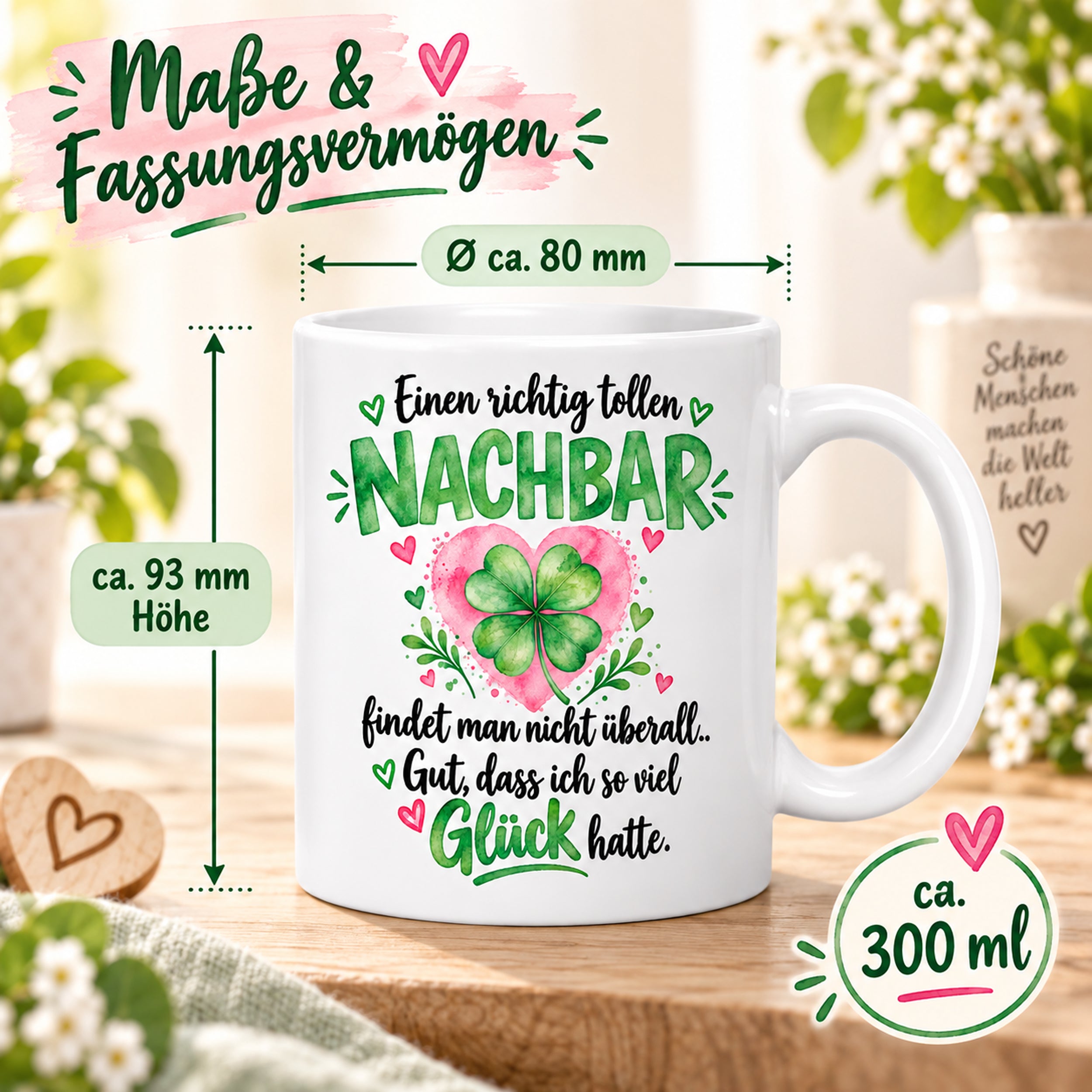 Herzbotschaft Tasse mit Farbwahl - Nachbar Geschenk Einen richtig tollen Nachbar 300 ml