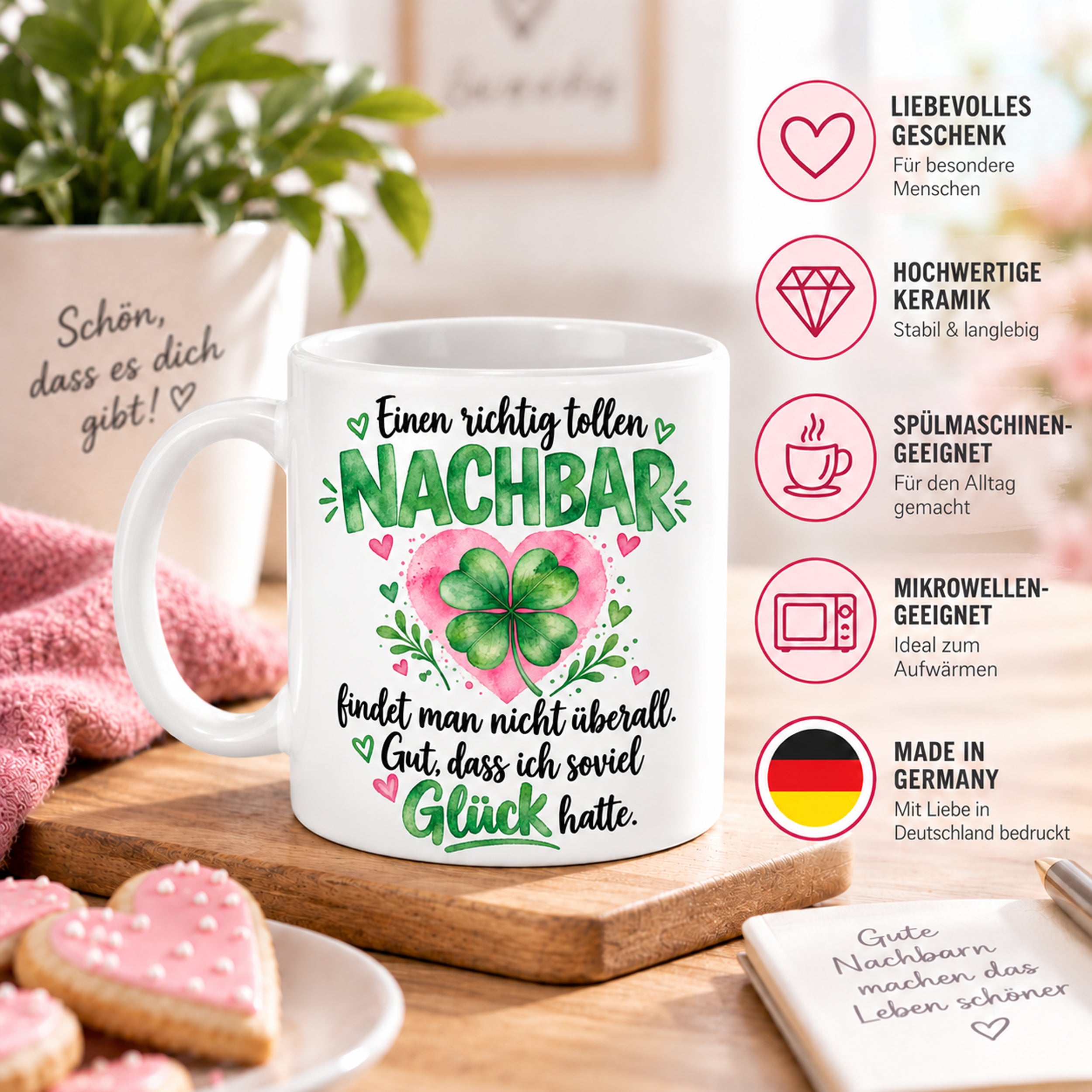 Herzbotschaft Tasse mit Farbwahl - Nachbar Geschenk Einen richtig tollen Nachbar 300 ml
