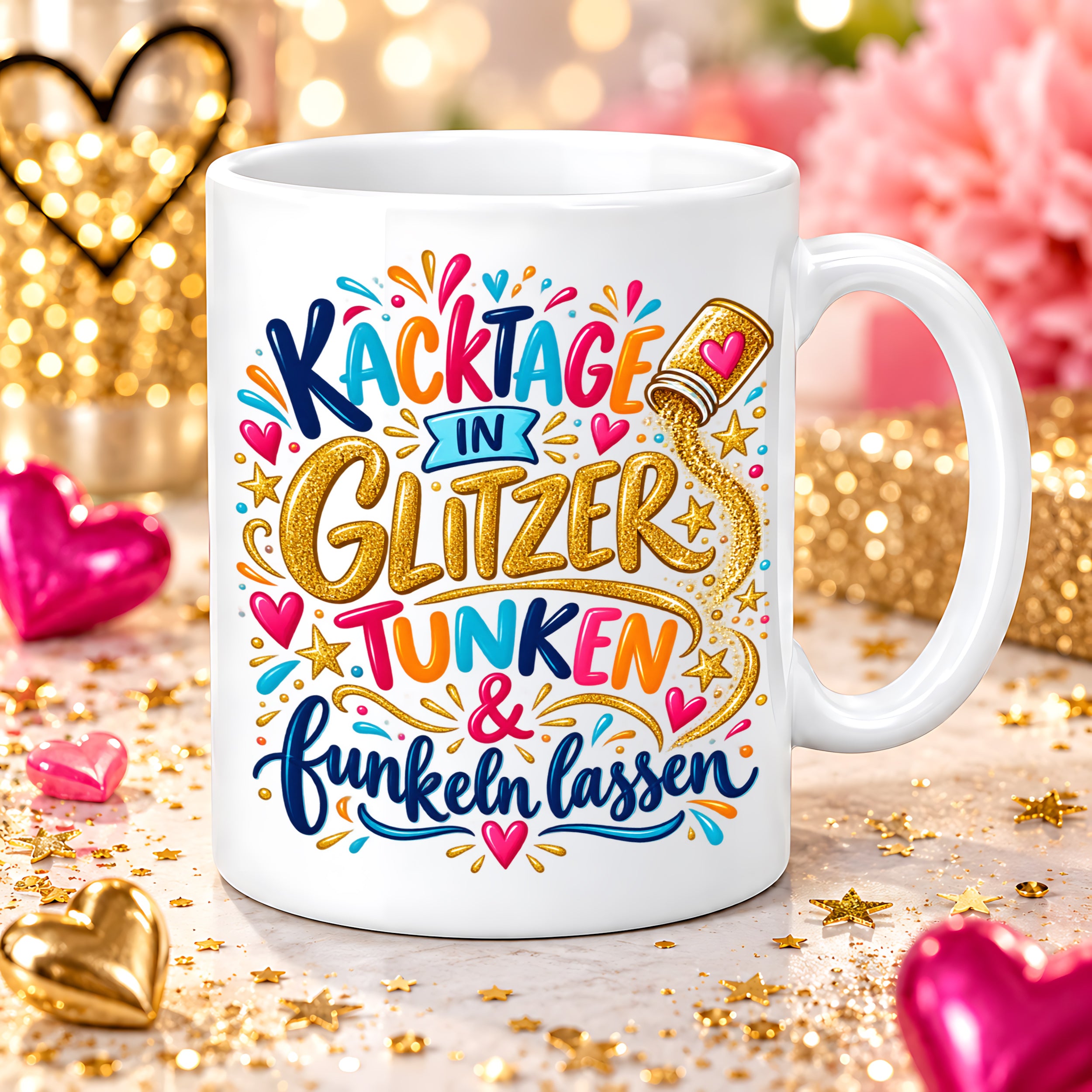 Herzbotschaft Tasse mit Farbwahl - Kacktage in Glitzer tunken und funkeln lassen