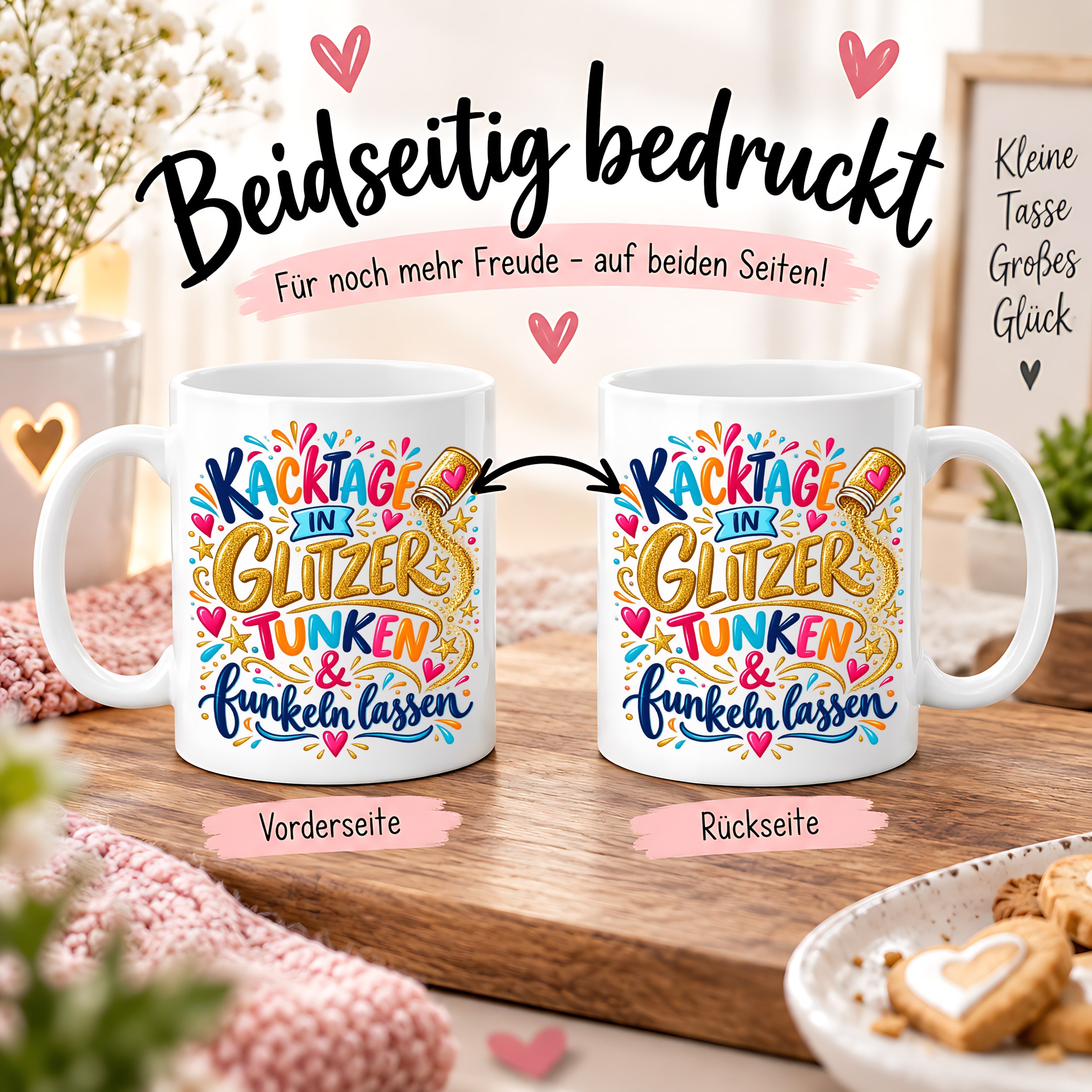 Herzbotschaft Tasse mit Farbwahl - Kacktage in Glitzer tunken und funkeln lassen