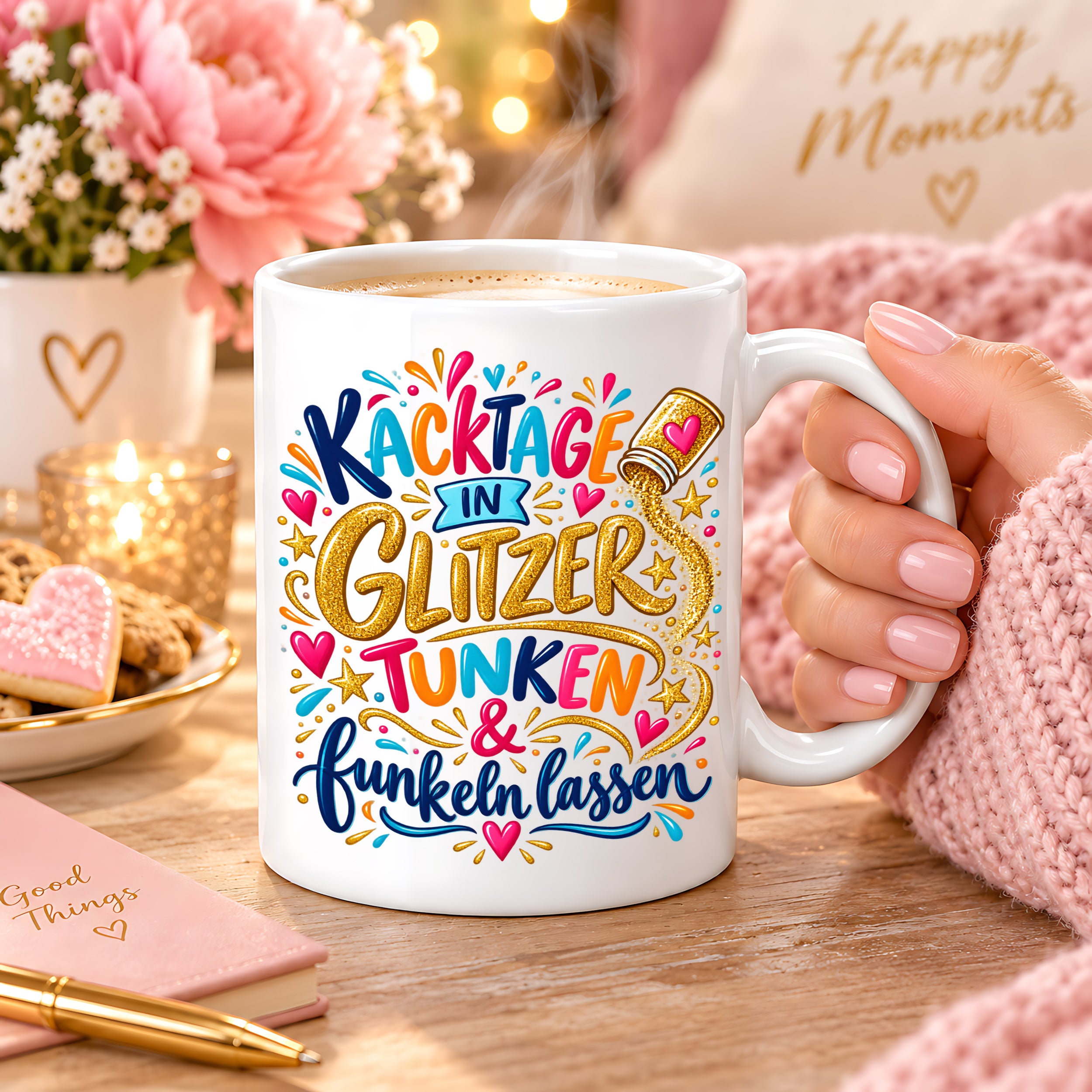 Herzbotschaft Tasse mit Farbwahl - Kacktage in Glitzer tunken und funkeln lassen