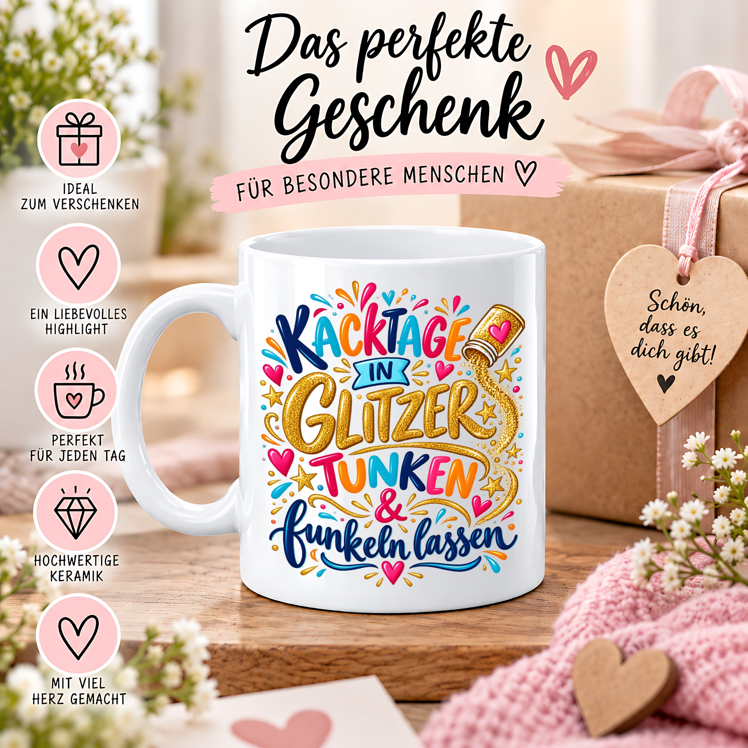 Herzbotschaft Tasse mit Farbwahl - Kacktage in Glitzer tunken und funkeln lassen