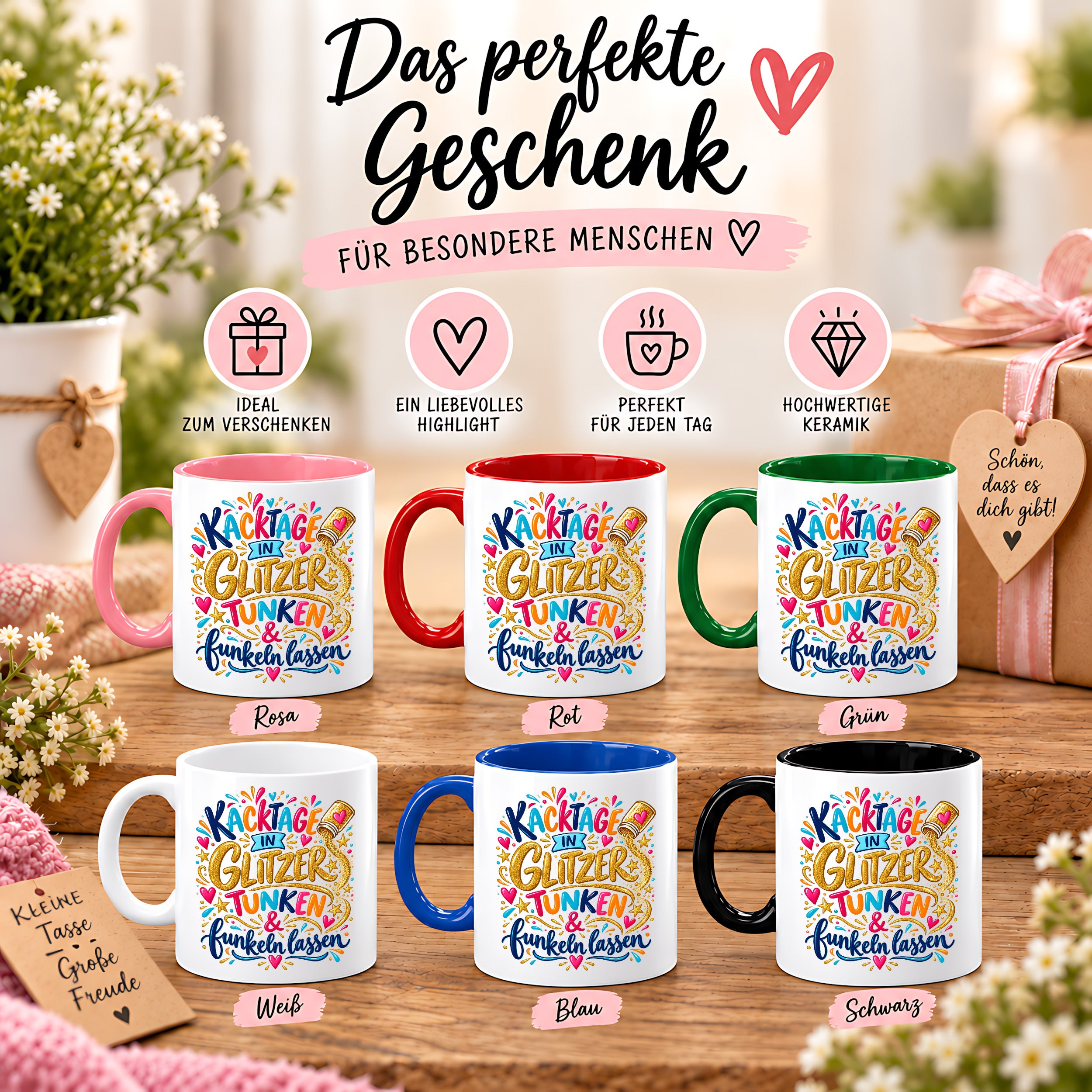 Herzbotschaft Tasse mit Farbwahl - Kacktage in Glitzer tunken und funkeln lassen