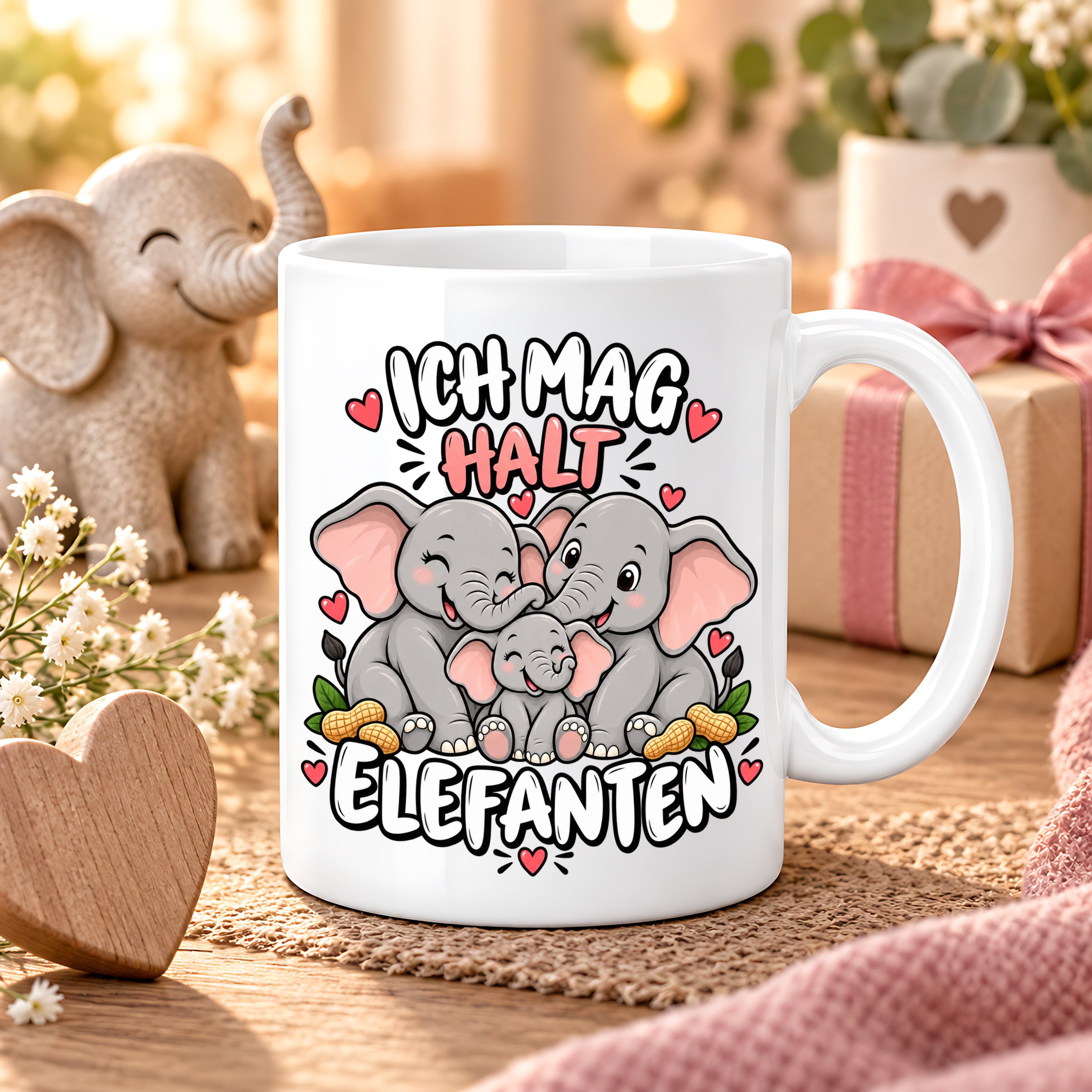 Herzbotschaft Elefanten Tasse mit Farbwahl - Ich mag halt Elefanten - 300 ml