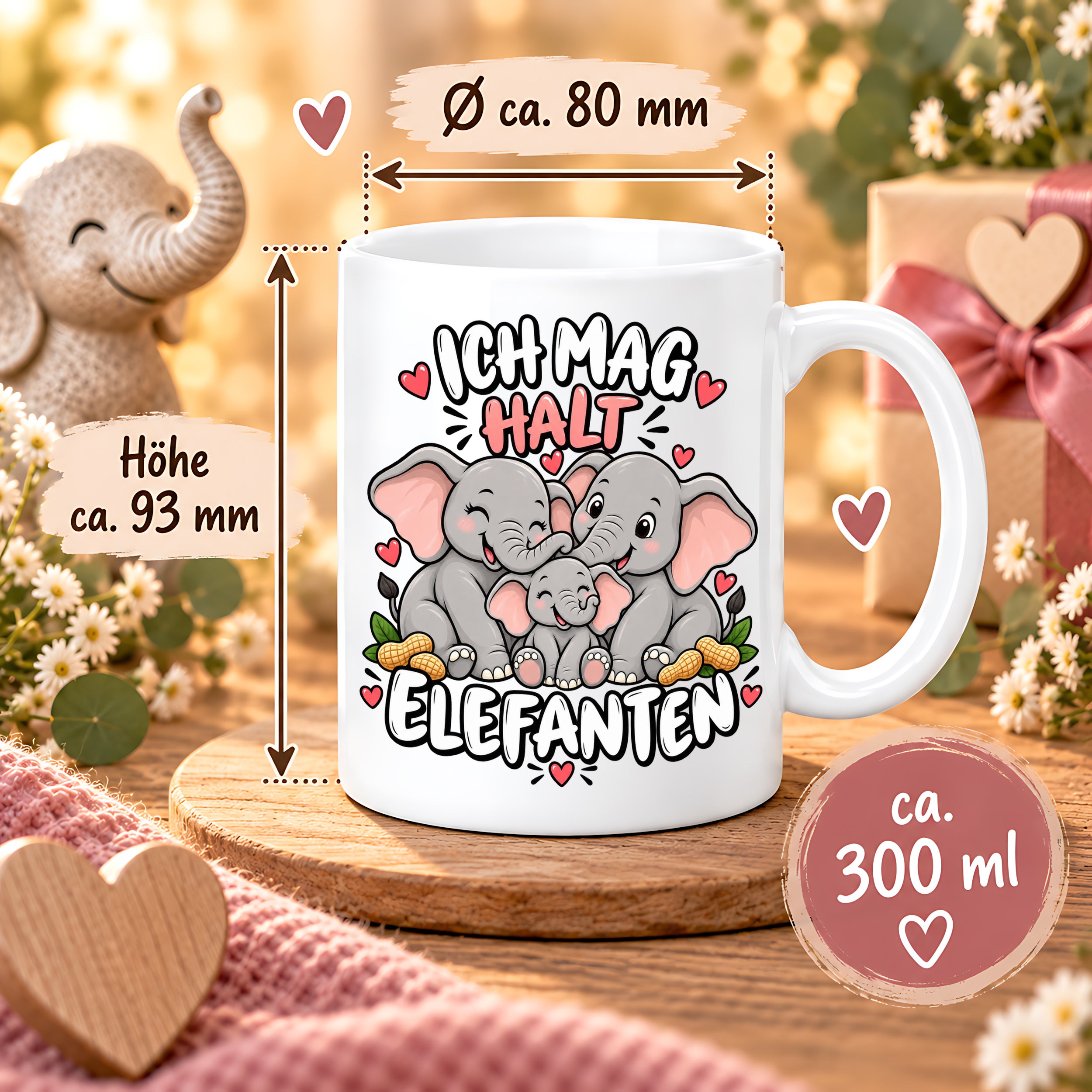 Herzbotschaft Elefanten Tasse mit Farbwahl - Ich mag halt Elefanten - 300 ml