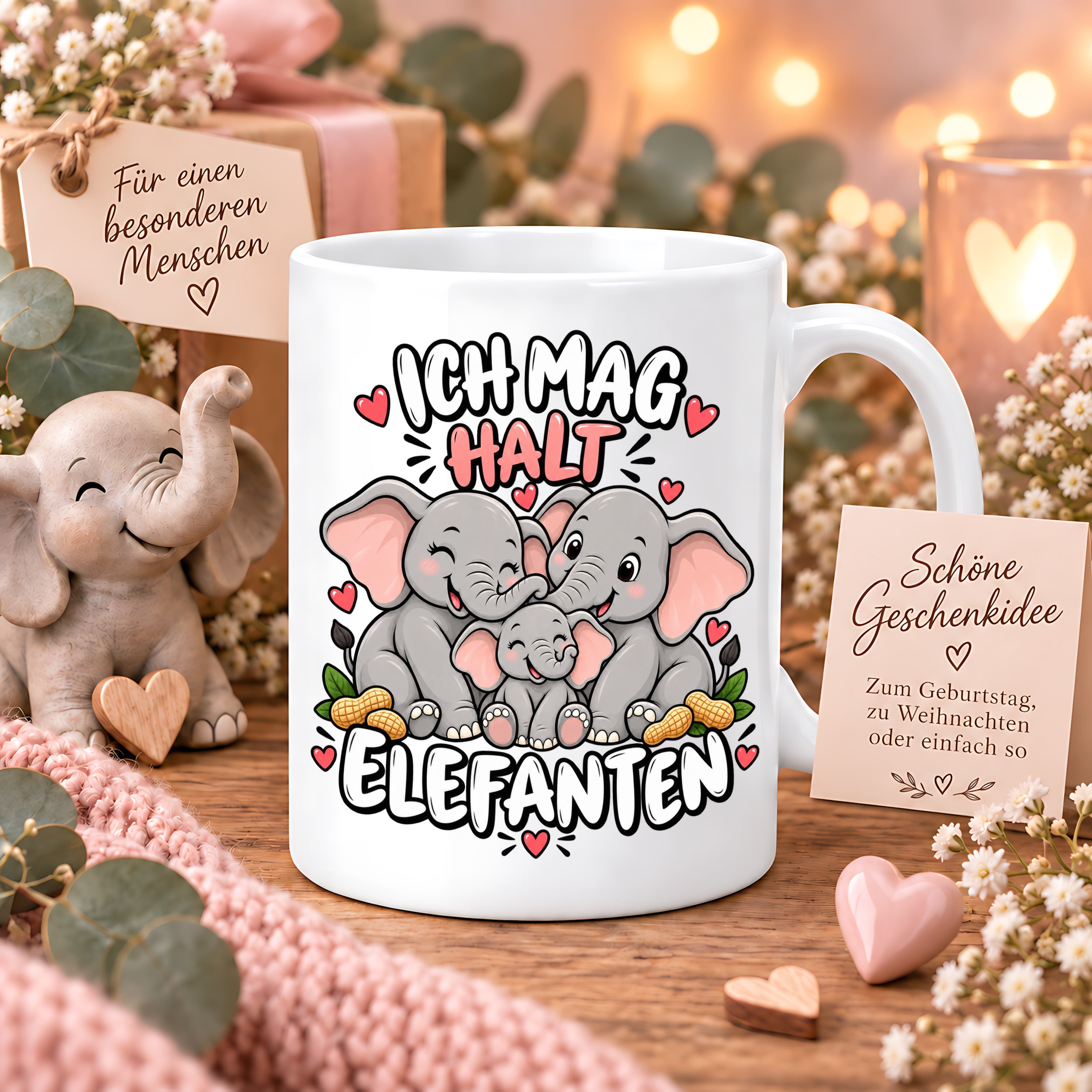 Herzbotschaft Elefanten Tasse mit Farbwahl - Ich mag halt Elefanten - 300 ml