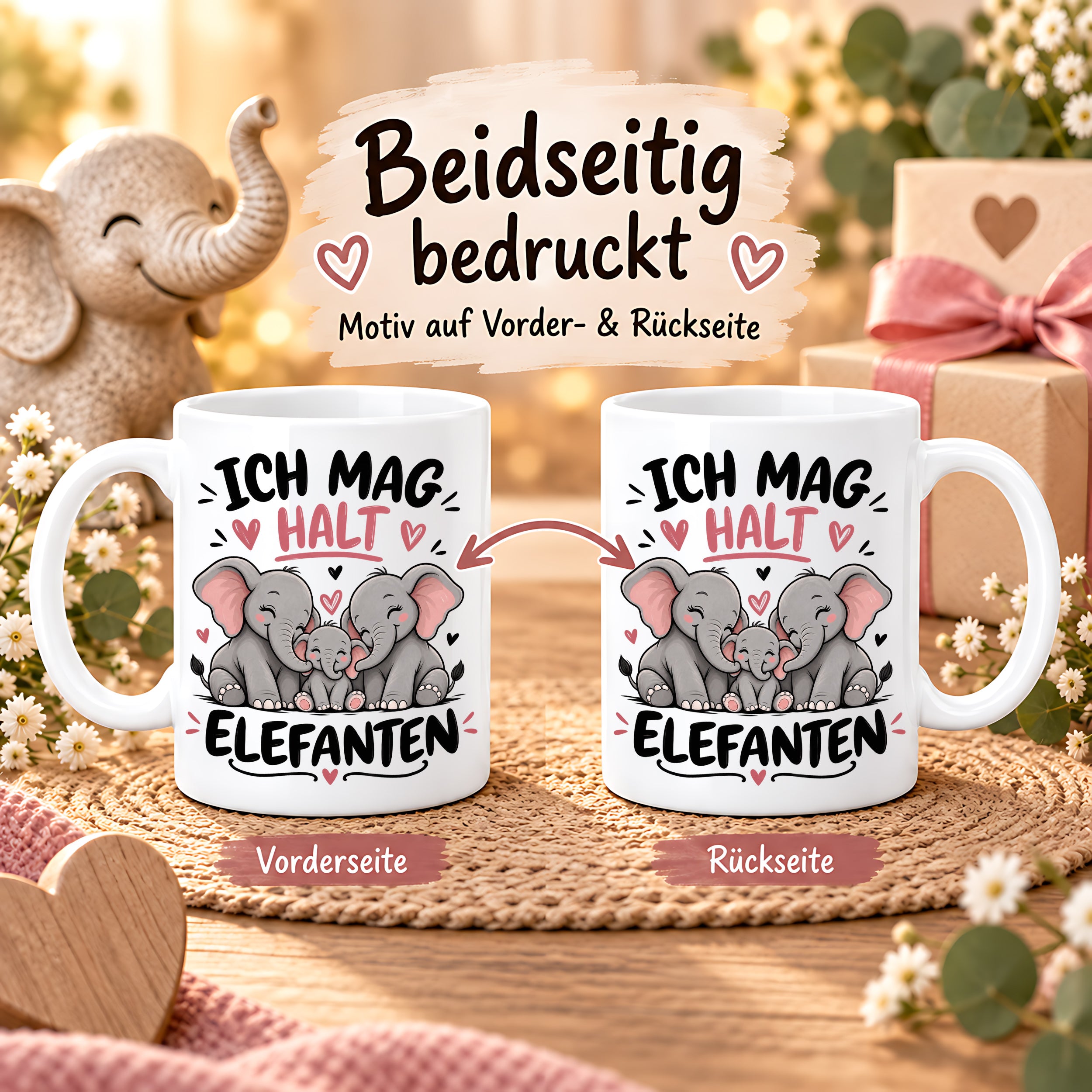 Herzbotschaft Elefanten Tasse mit Farbwahl - Ich mag halt Elefanten - 300 ml