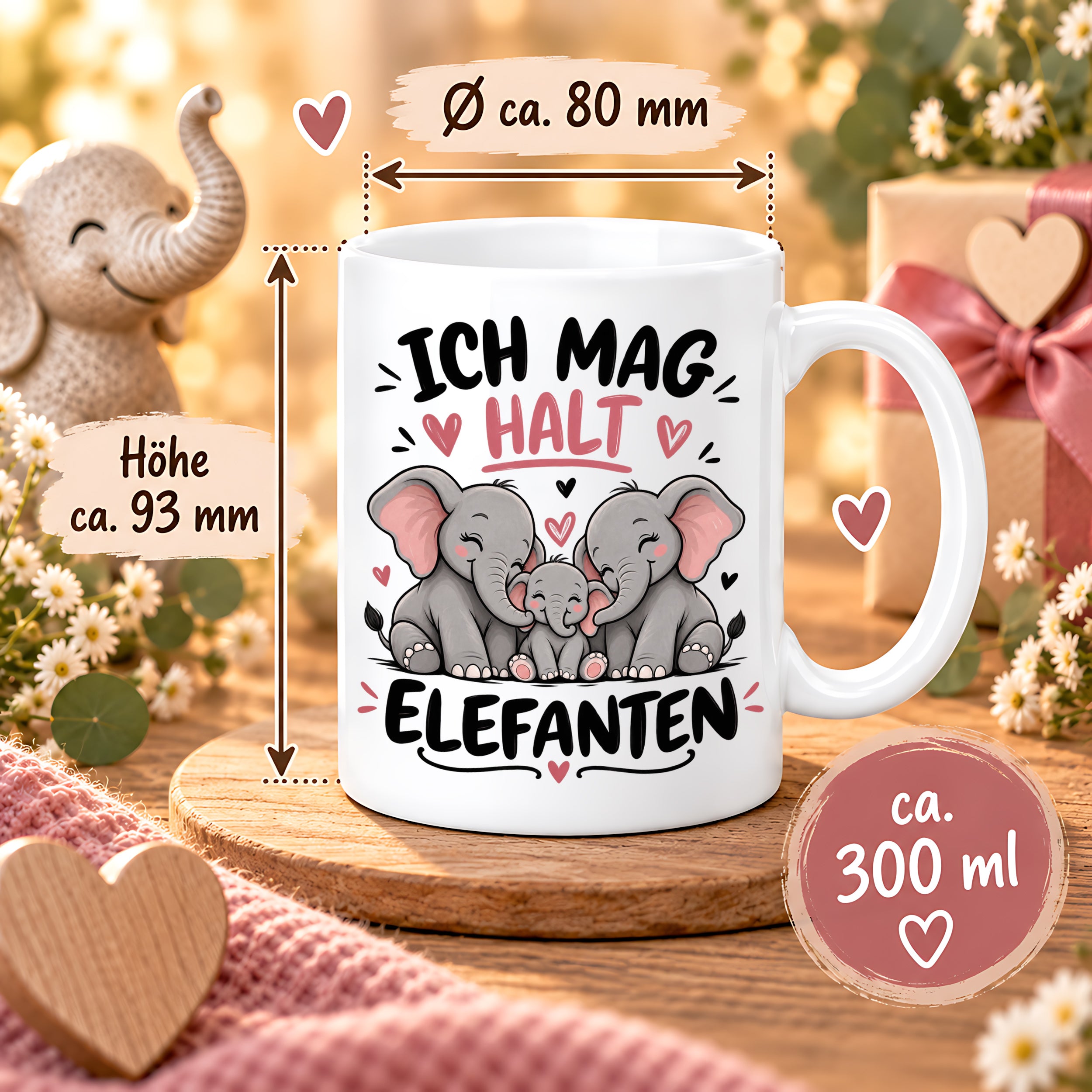Herzbotschaft Elefanten Tasse mit Farbwahl - Ich mag halt Elefanten - 300 ml