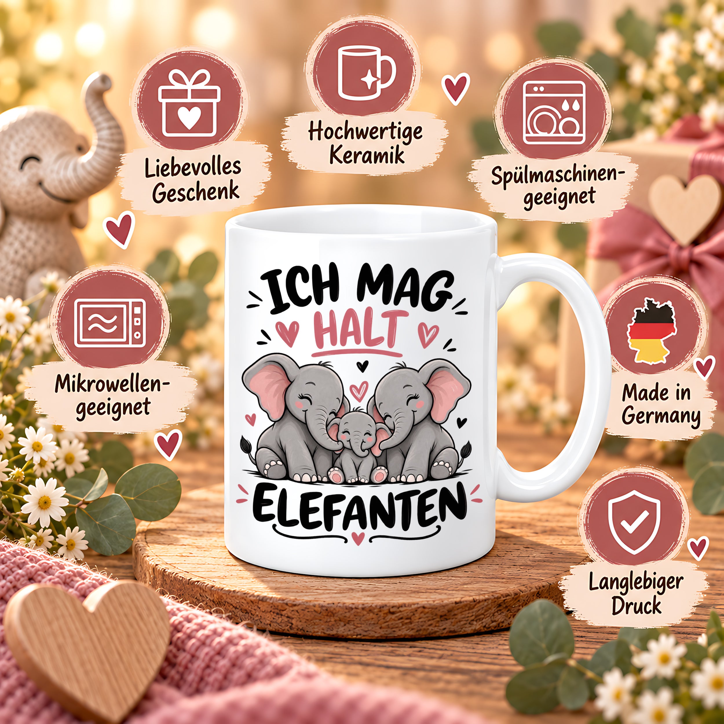 Herzbotschaft Elefanten Tasse mit Farbwahl - Ich mag halt Elefanten - 300 ml