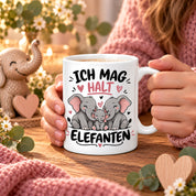 Herzbotschaft Elefanten Tasse mit Farbwahl - Ich mag halt Elefanten - 300 ml