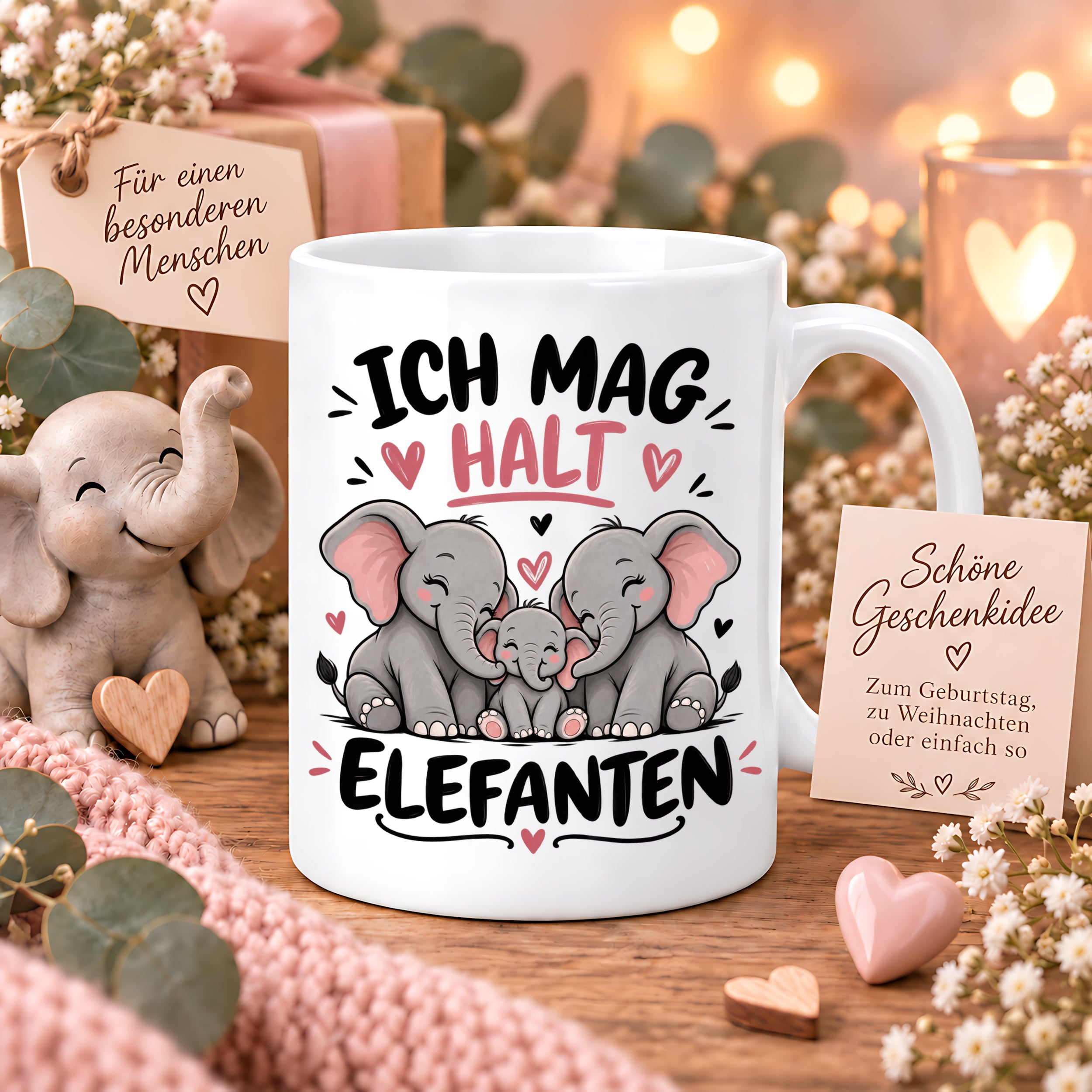 Herzbotschaft Elefanten Tasse mit Farbwahl - Ich mag halt Elefanten - 300 ml
