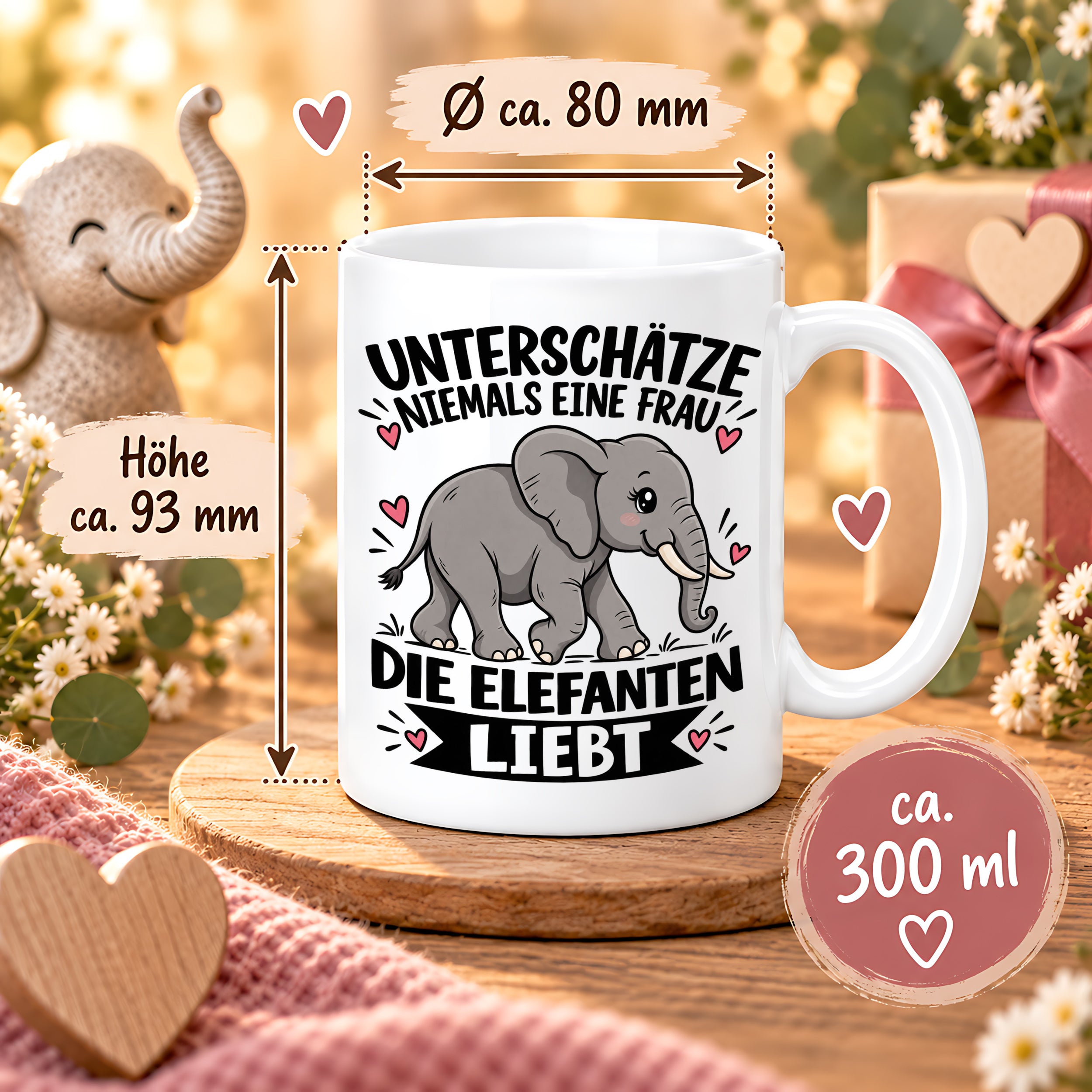 Herzbotschaft Elefanten Tasse mit Farbwahl Frau Geschenk Elefantenliebhaberin 300 ml