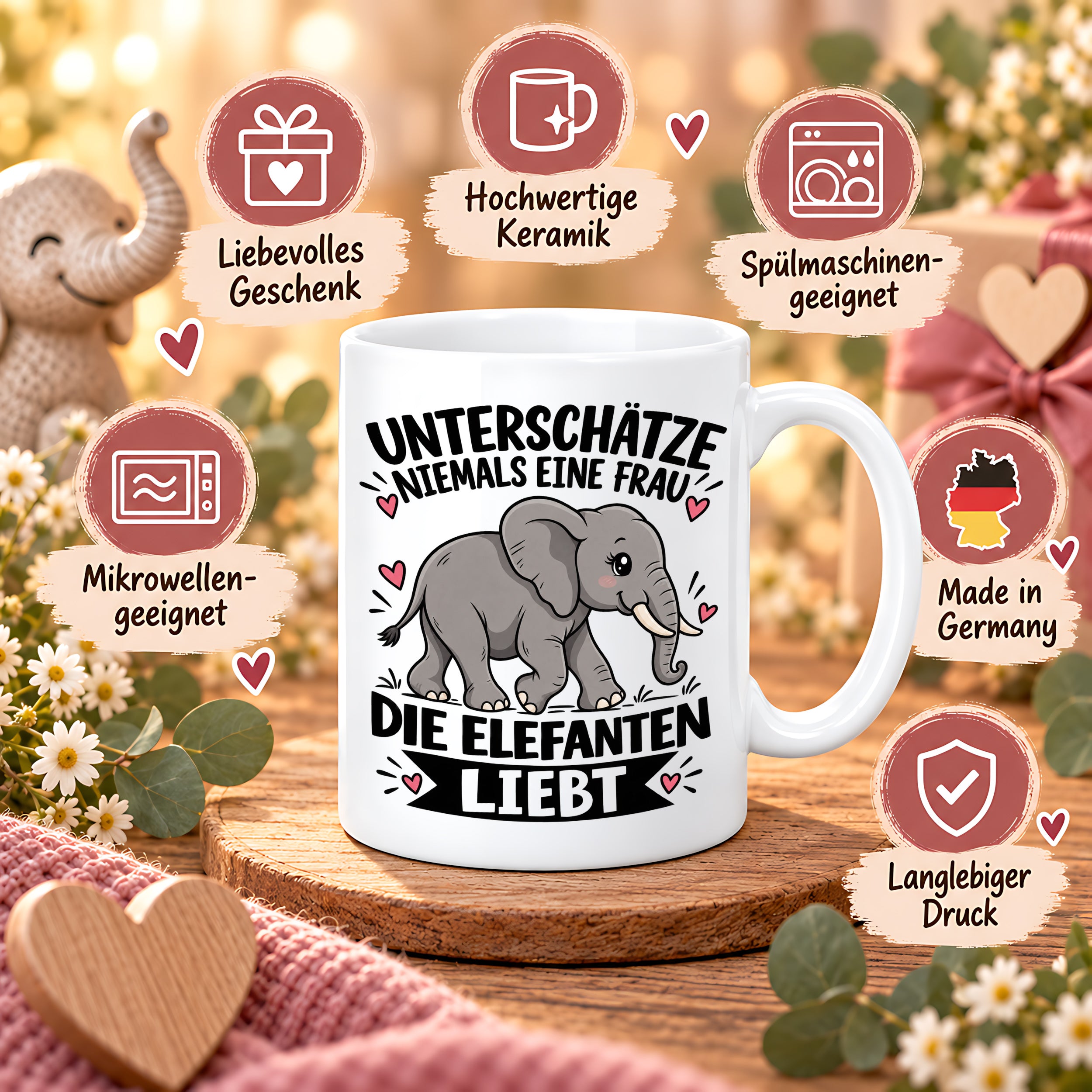Herzbotschaft Elefanten Tasse mit Farbwahl Frau Geschenk Elefantenliebhaberin 300 ml