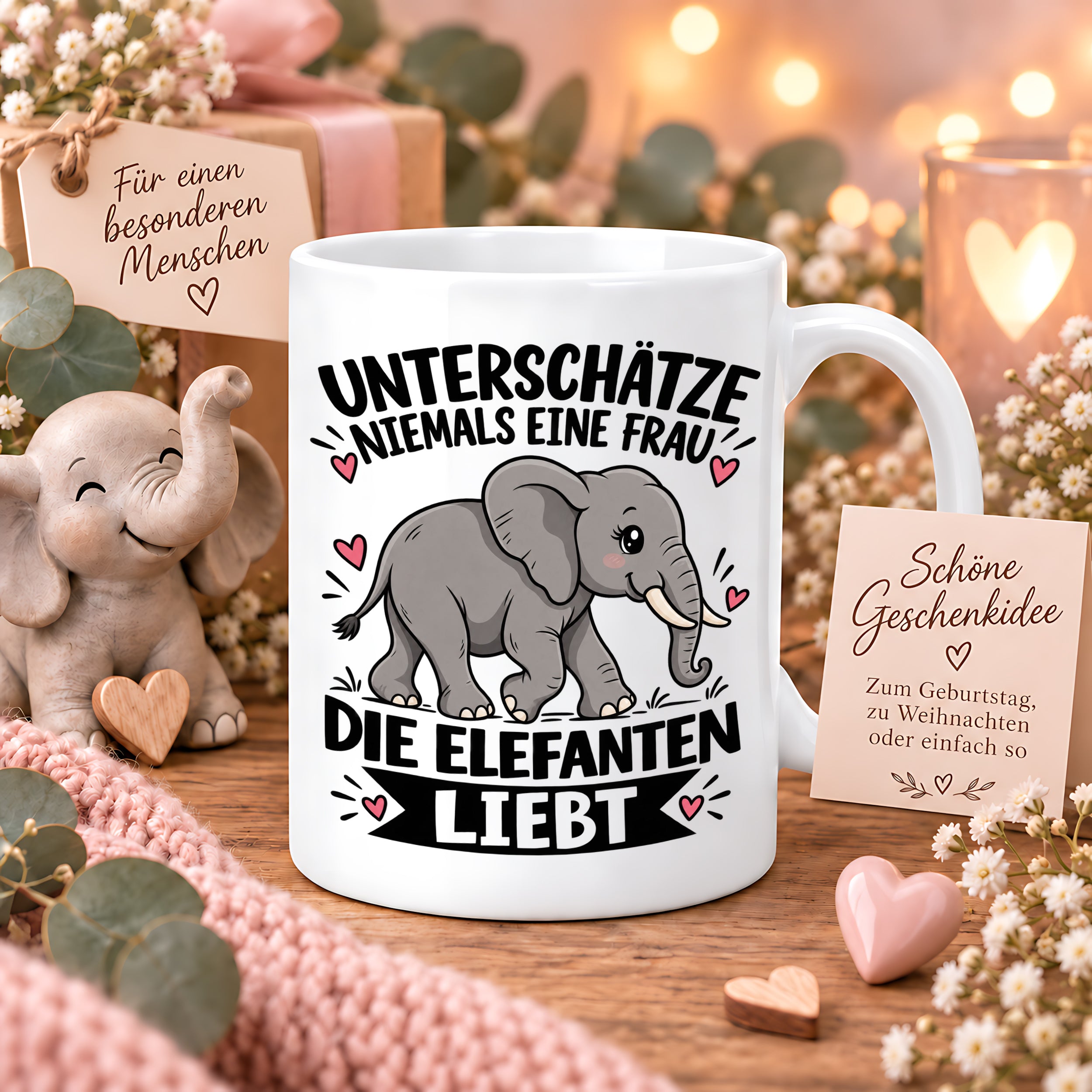Herzbotschaft Elefanten Tasse mit Farbwahl Frau Geschenk Elefantenliebhaberin 300 ml