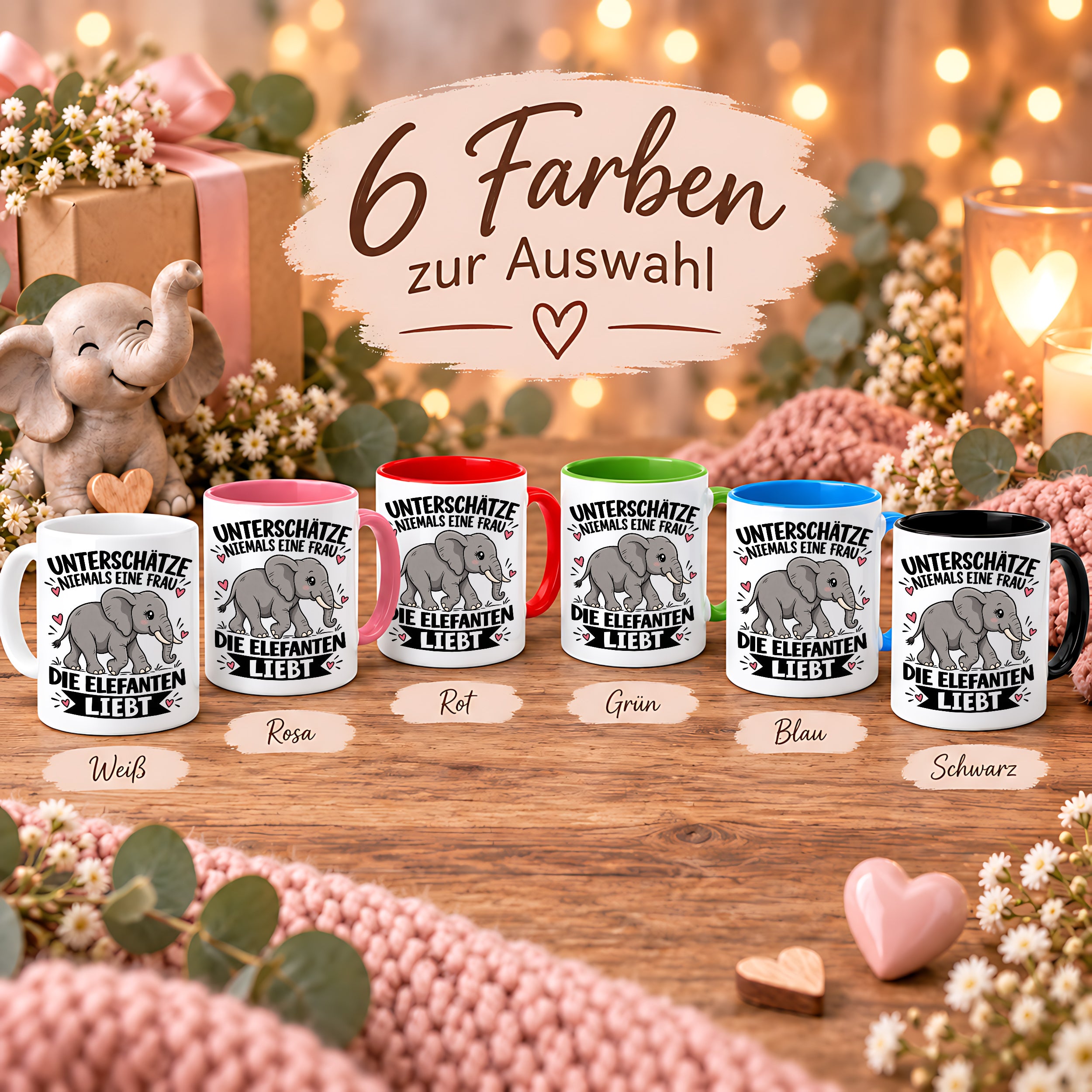 Herzbotschaft Elefanten Tasse mit Farbwahl Frau Geschenk Elefantenliebhaberin 300 ml