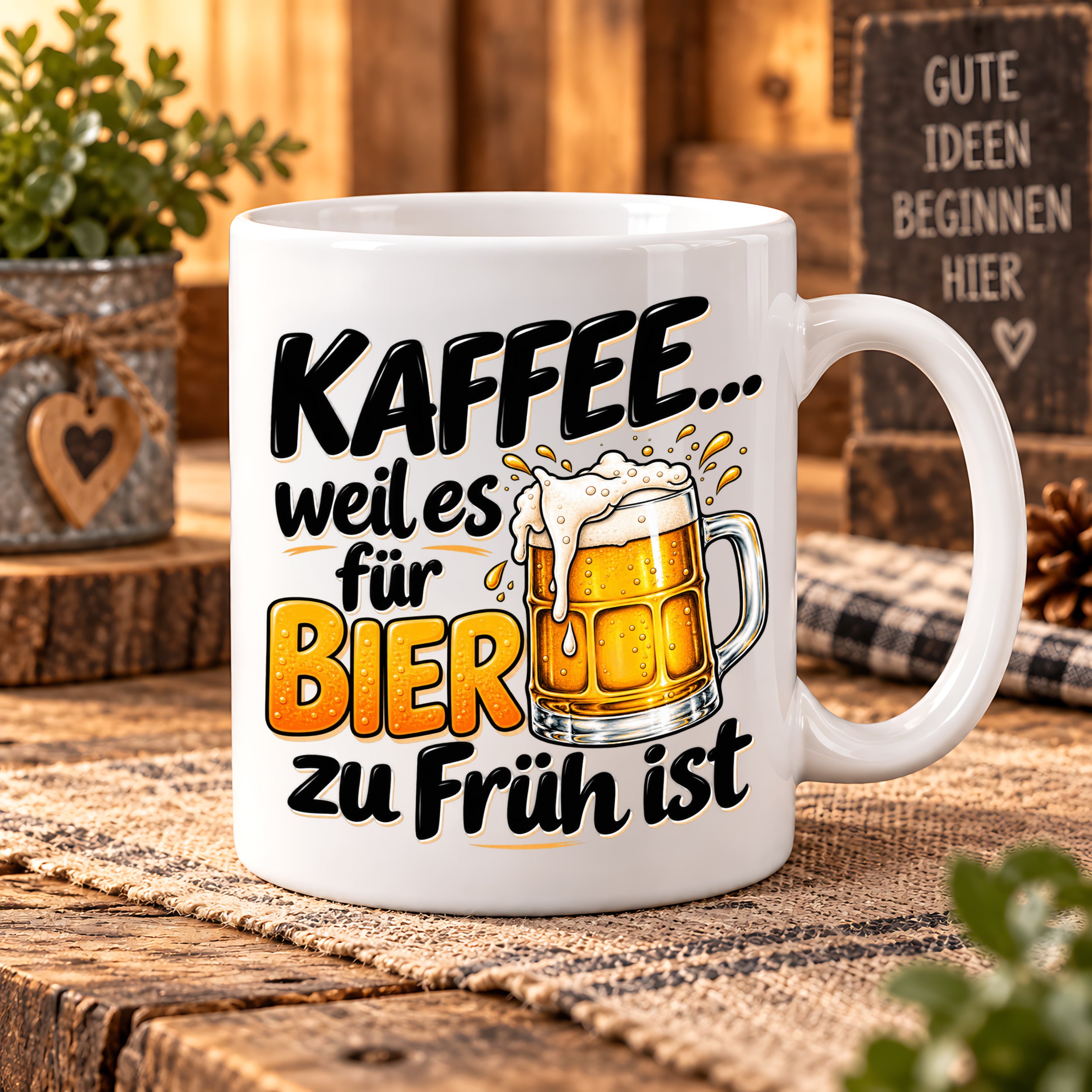 Herzbotschaft Tasse mit Farbwahl - Kaffee weil es für Bier zu früh ist