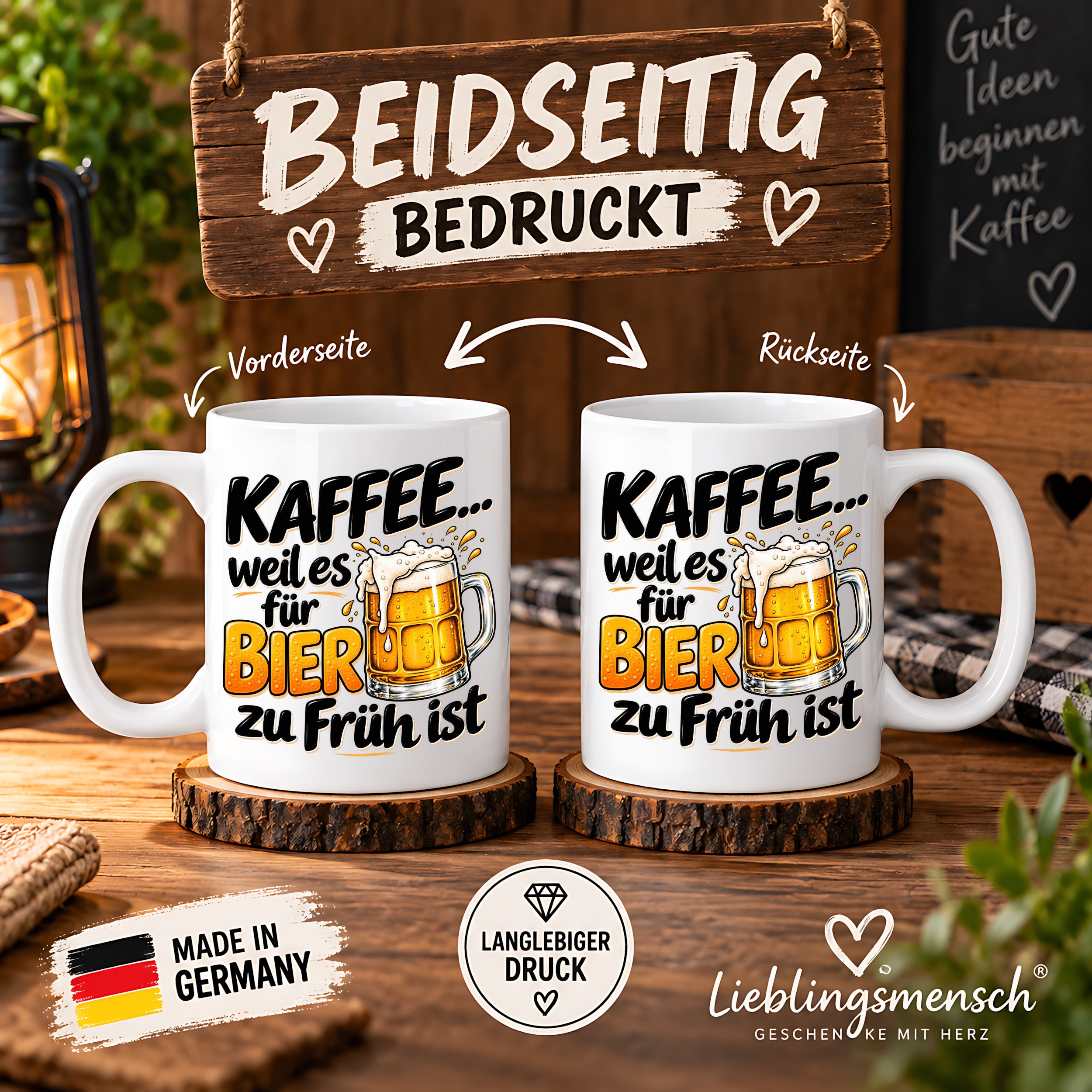 Herzbotschaft Tasse mit Farbwahl - Kaffee weil es für Bier zu früh ist
