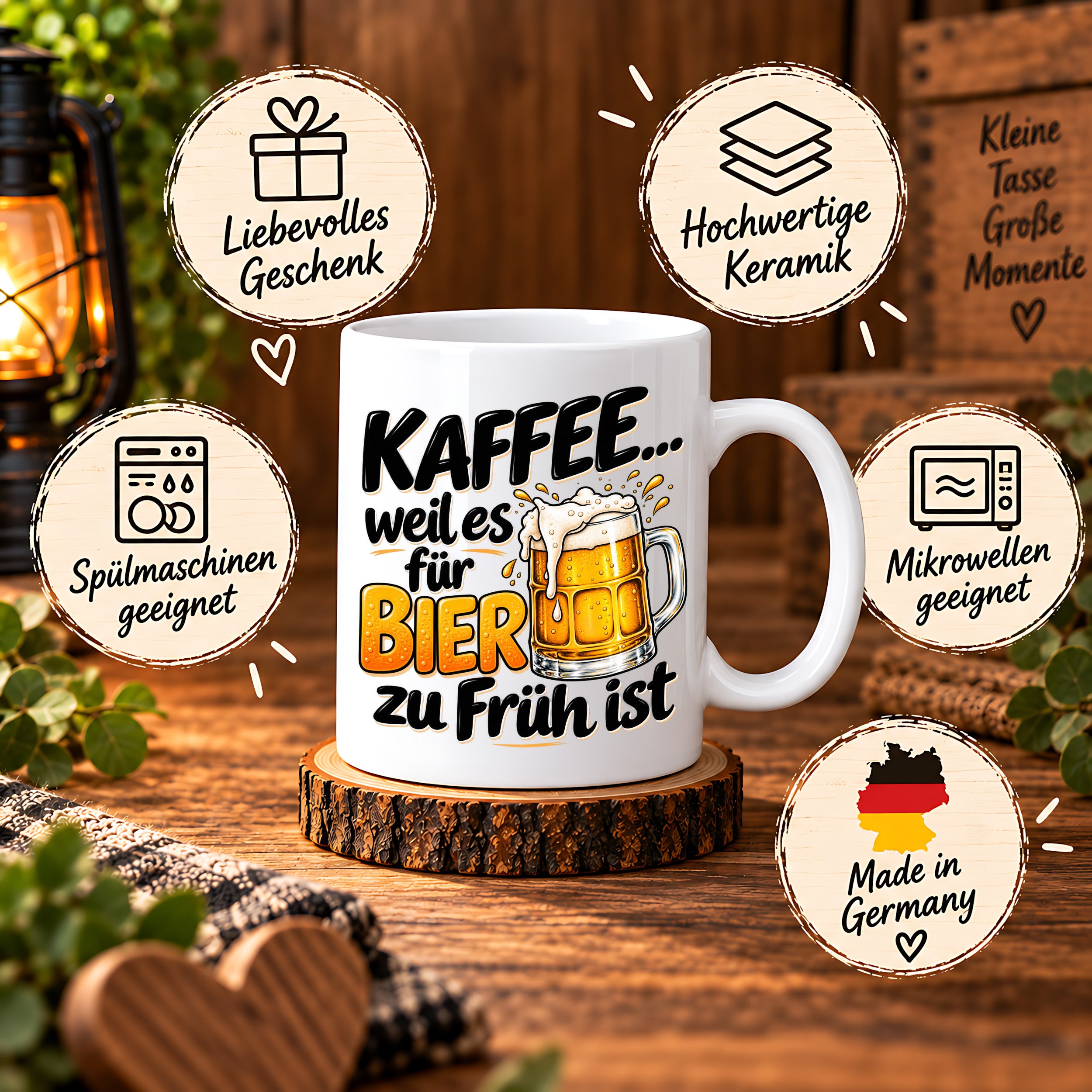Herzbotschaft Tasse mit Farbwahl - Kaffee weil es für Bier zu früh ist