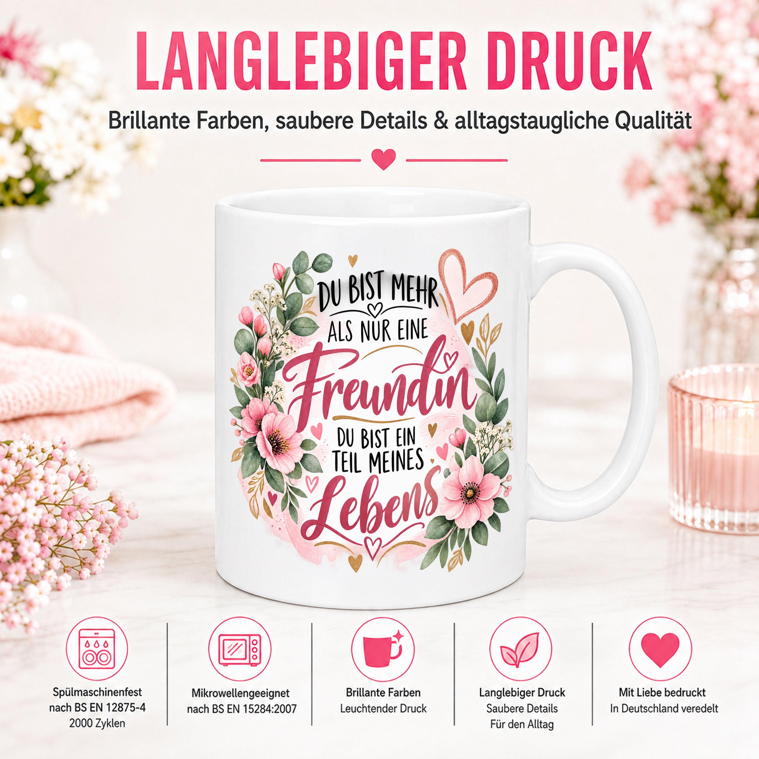 Herzbotschaft Tasse mit Farbwahl - Freundin Teil meines Lebens